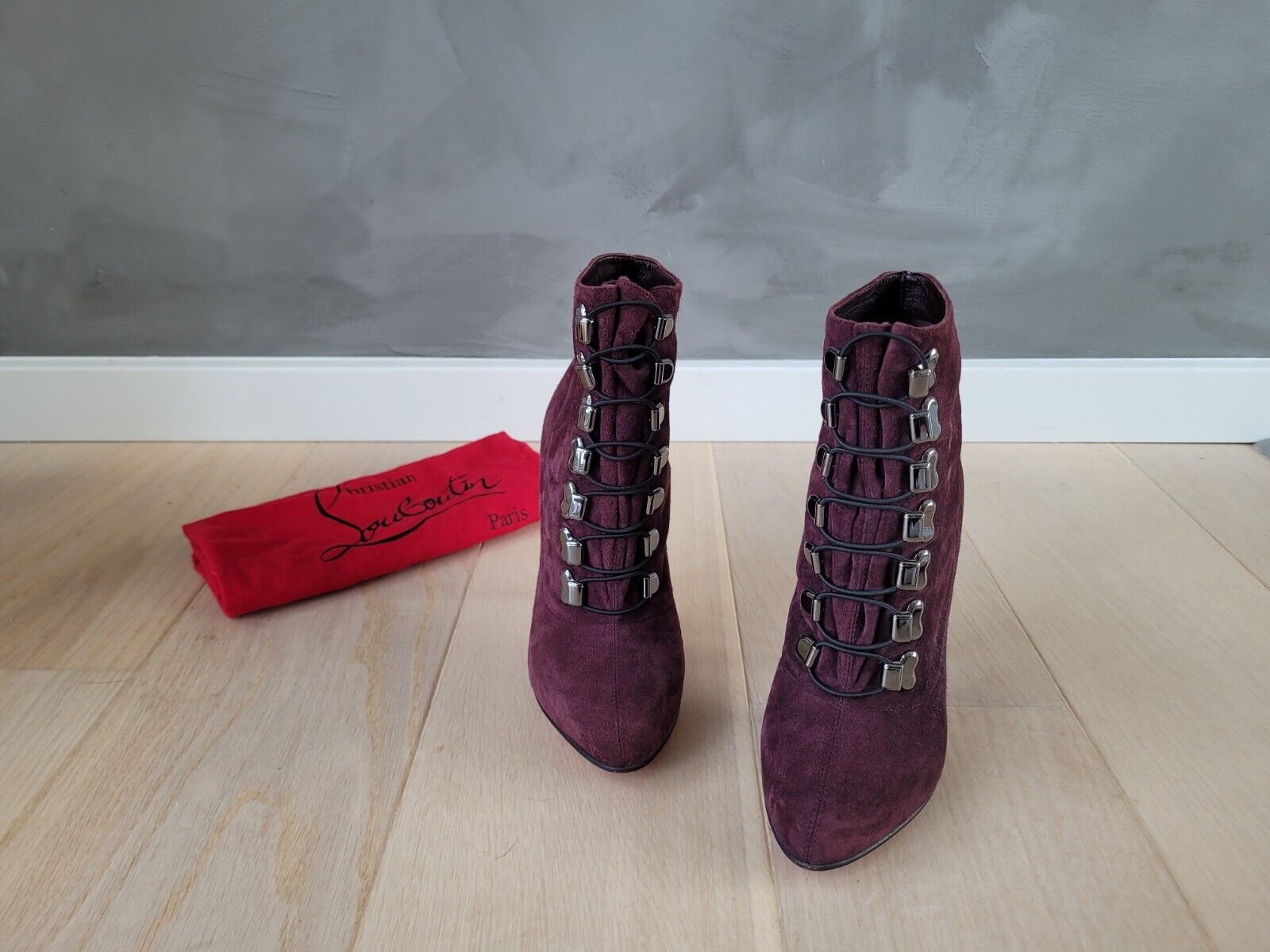 **Christian Louboutin** Burgundy Suede Troopista 120mm Ankle Boots Size 36