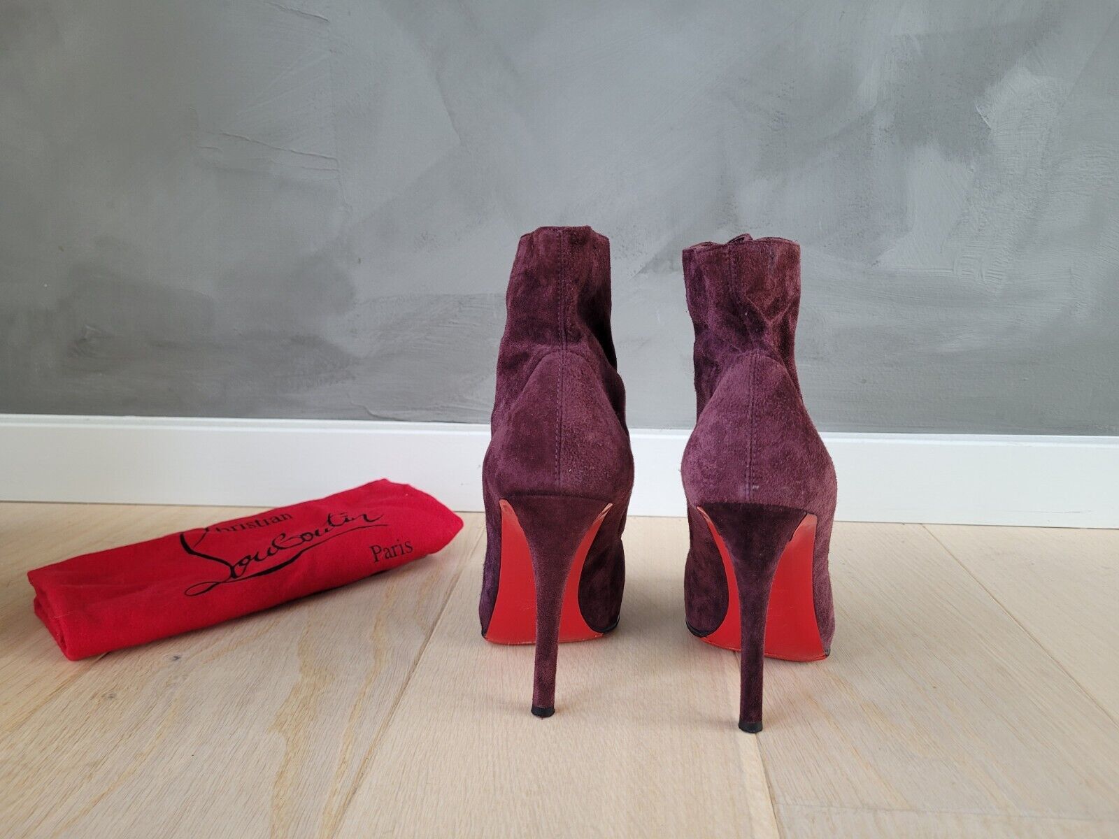 **Christian Louboutin** Burgundy Suede Troopista 120mm Ankle Boots Size 36