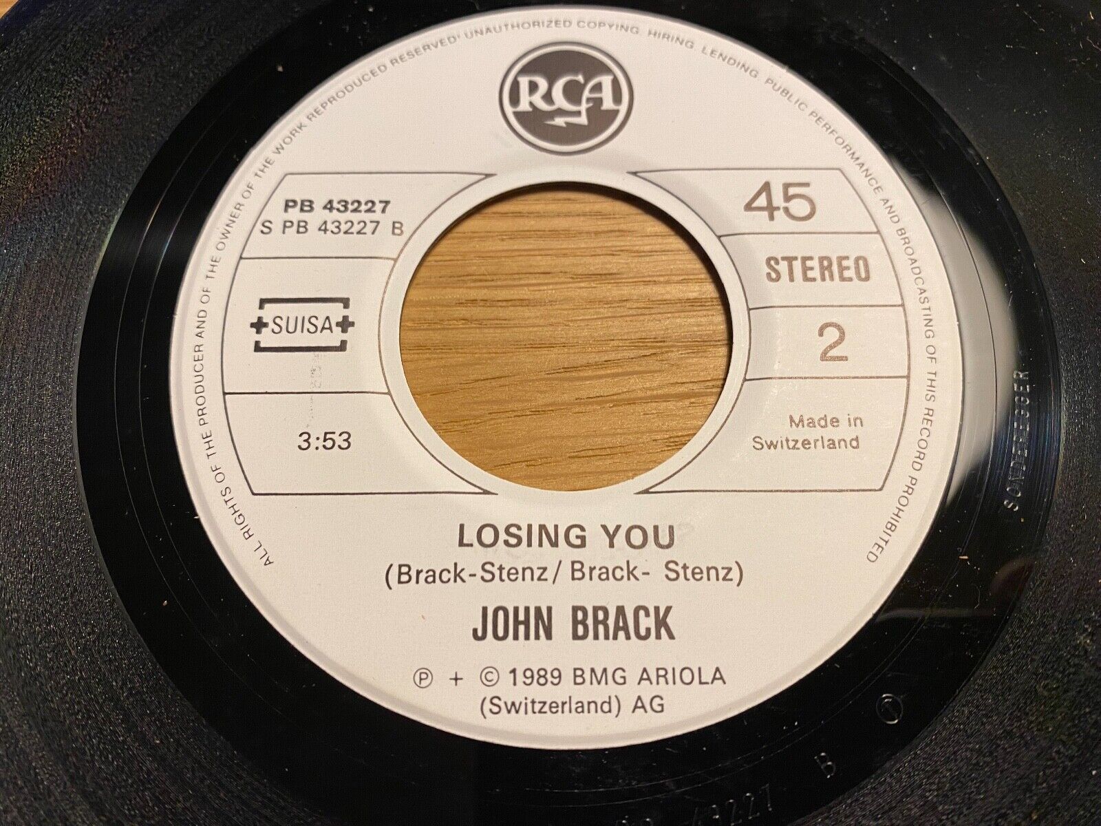 JOHN BRACK "STOLEN LOVE / LOSING YOU" 1989 SWITZERLAND PRESS RCA WHITELABEL 7"