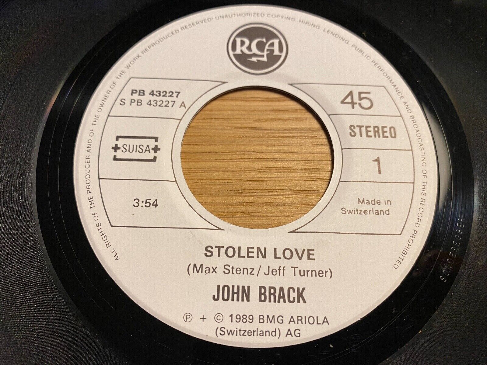 JOHN BRACK "STOLEN LOVE / LOSING YOU" 1989 SWITZERLAND PRESS RCA WHITELABEL 7"