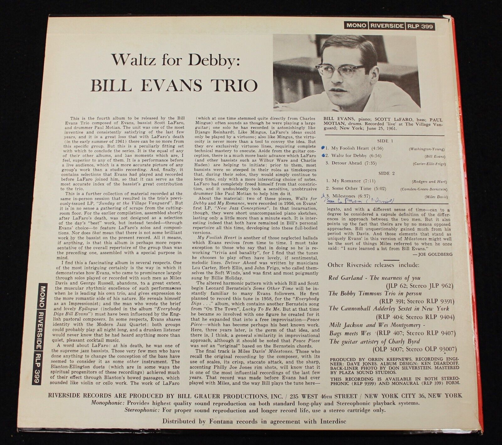 BILL EVANS Waltz For Debby NL Holland 1962 MONO Riverside LP  *EX+* superb Jazz