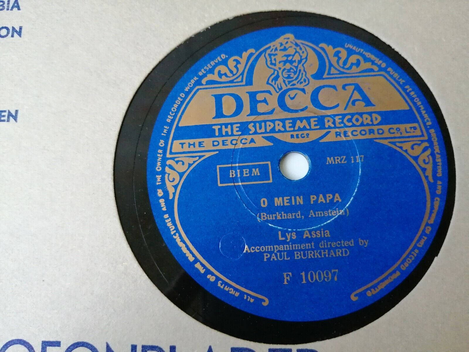 78 RPM  shellacLYS ASIA O Mein Papa/Ponylied Cecca F 10097