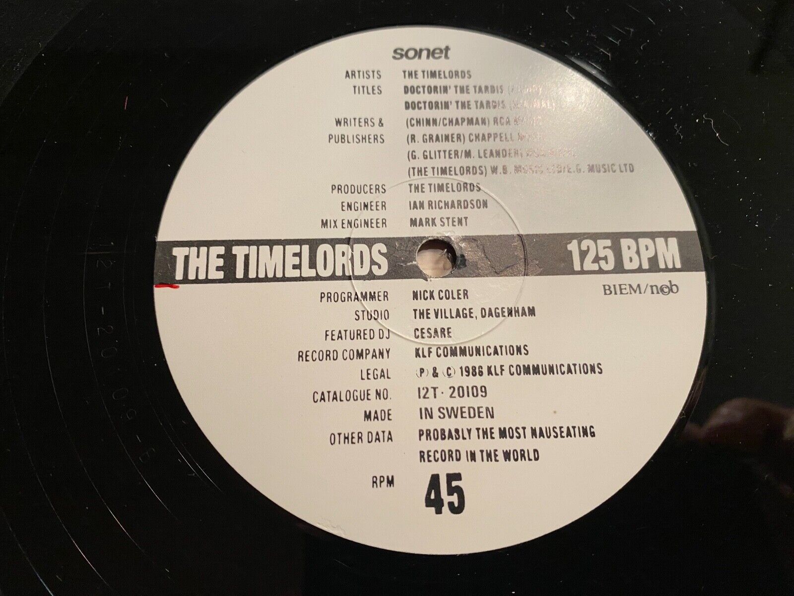 THE TIMELORDS "DOCTORIN´ THE TARDIS" 1988 12" MAXI SINGLE NCB SONET SWEDEN RARE*