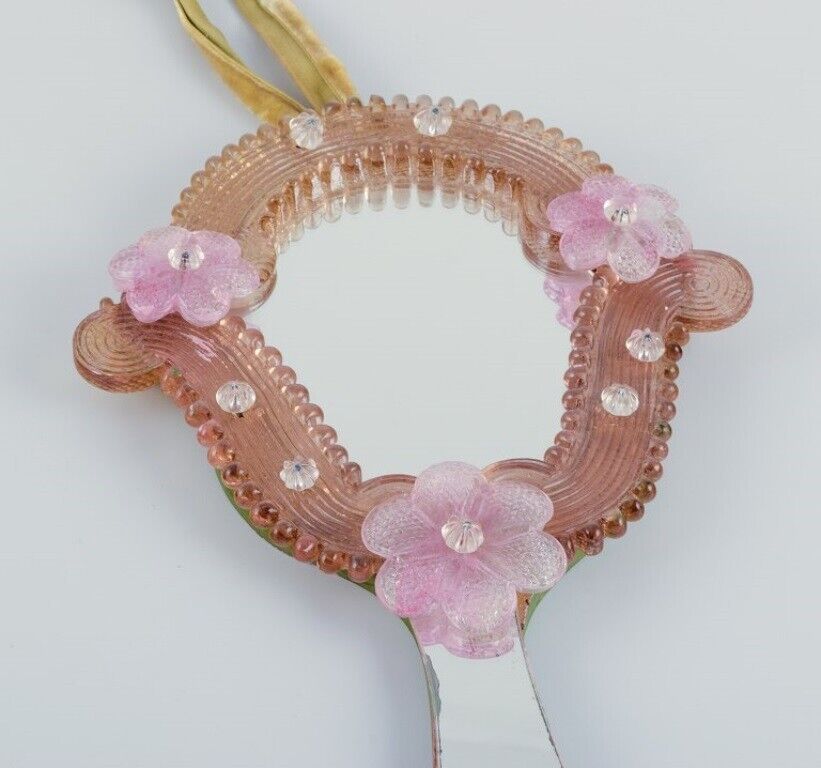 Murano Italy Hand mirror in art glass decorated with pink flowers 1970s