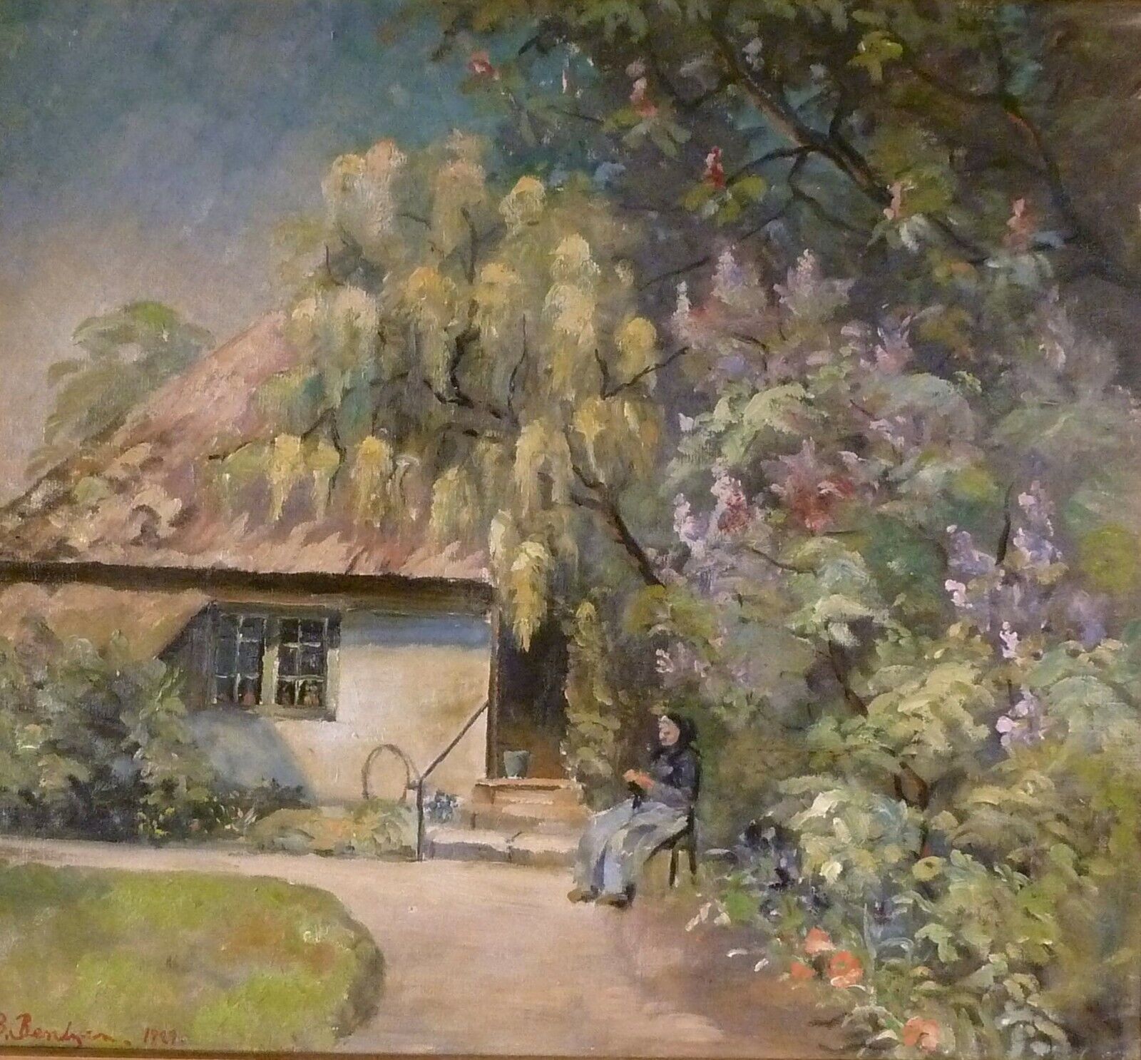 B BENTZEN! GARDEN EXTERIOR WITH OLDER WOMAN SITTTING ON A BENCH