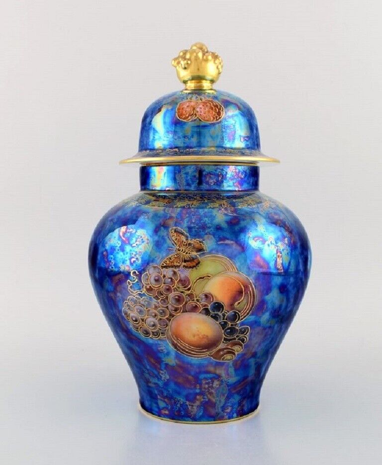 Large Rosenthal lidded jar in blue glazed porcelain with hand-painted fruits