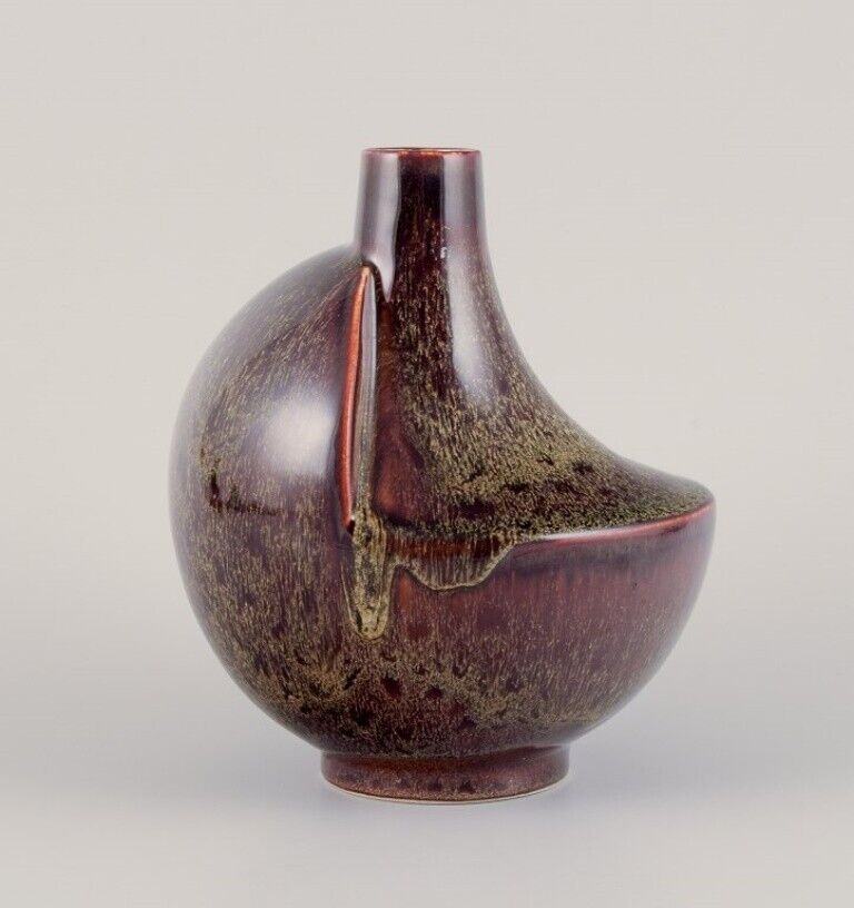 European studio ceramist Unique ceramic vase with speckled glaze in brown tones