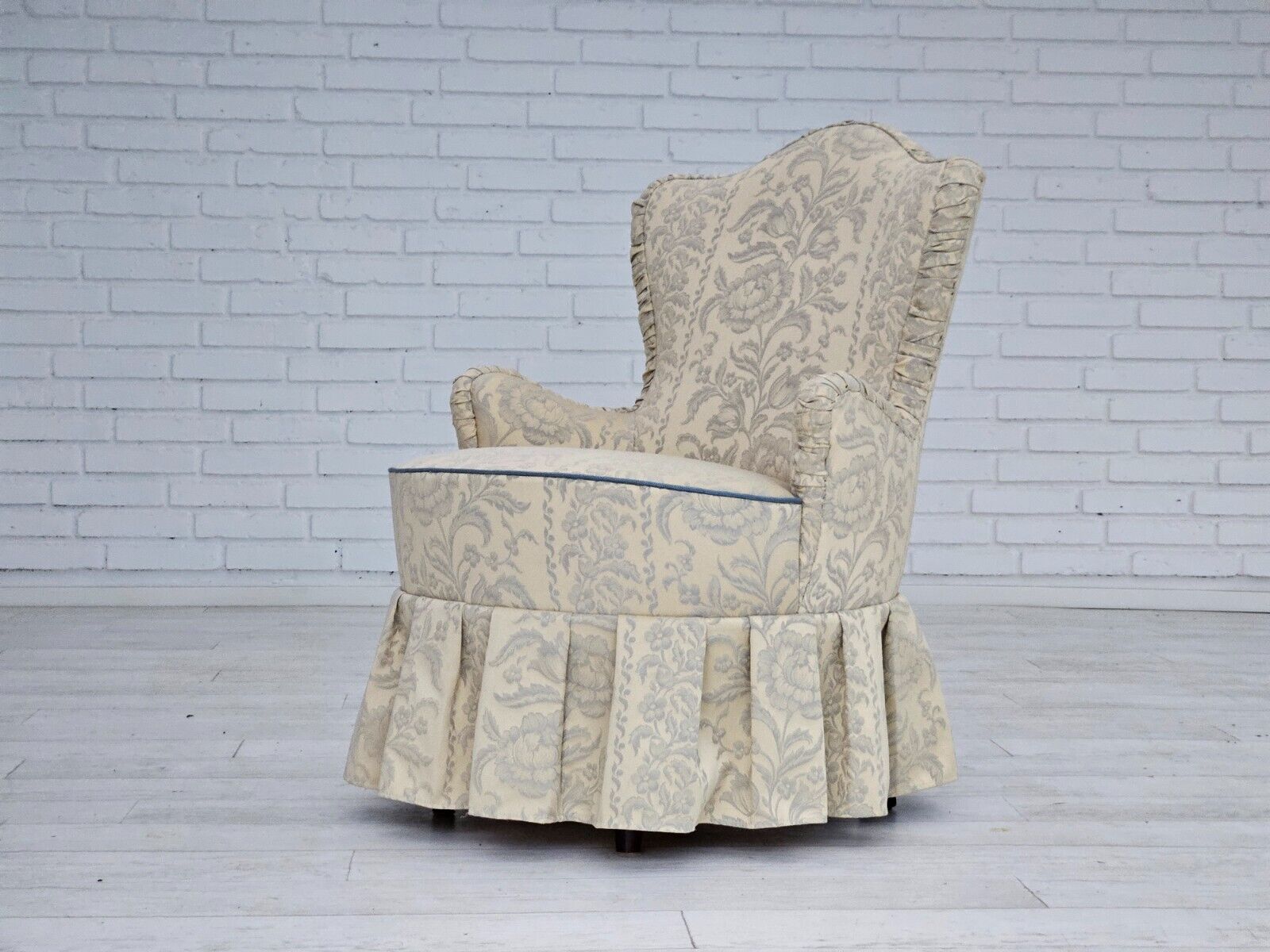 1950s Danish armchair reupholstered creamy/white floral fabric