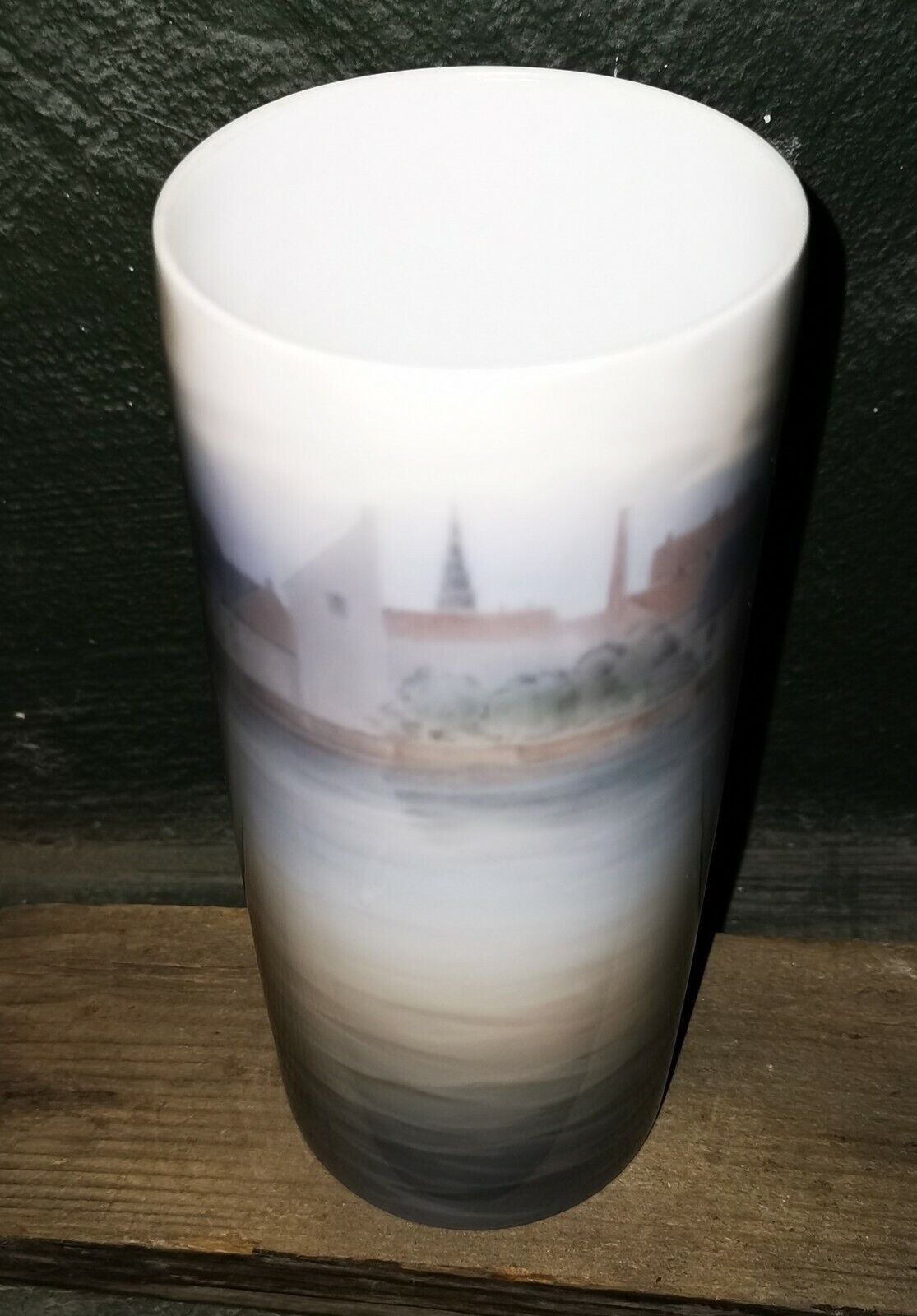 Vintage cylindrical BG porcelain vase with Copenhagen Harbor motif c 1920