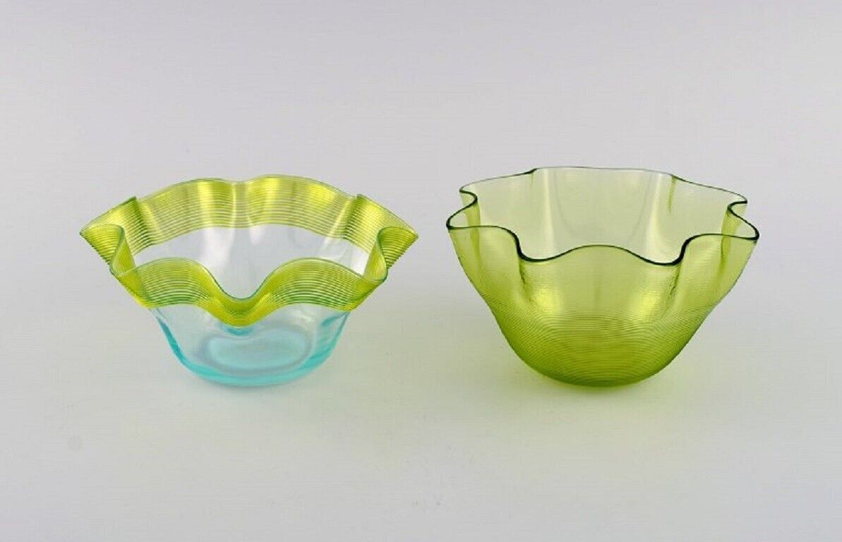 Scandinavian glass artist Plate and two bowls in mouth-blown art glass