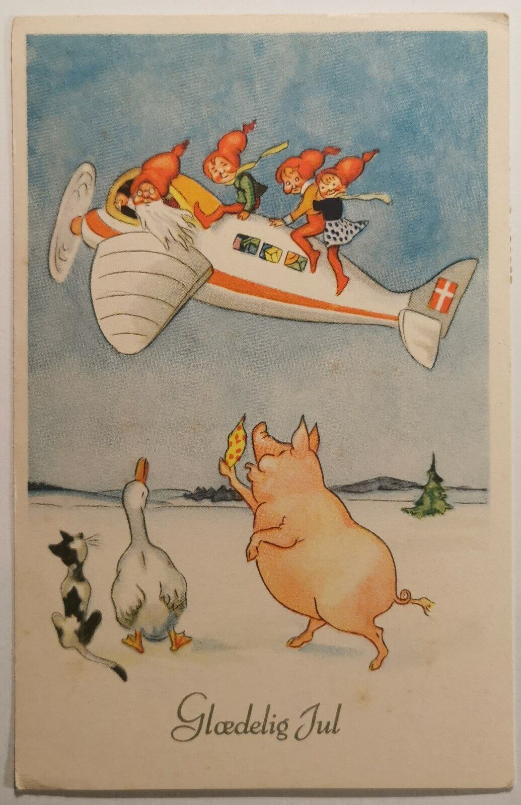 Merry Christmas postcard: Motif with animals and goblins on airplane pok1147