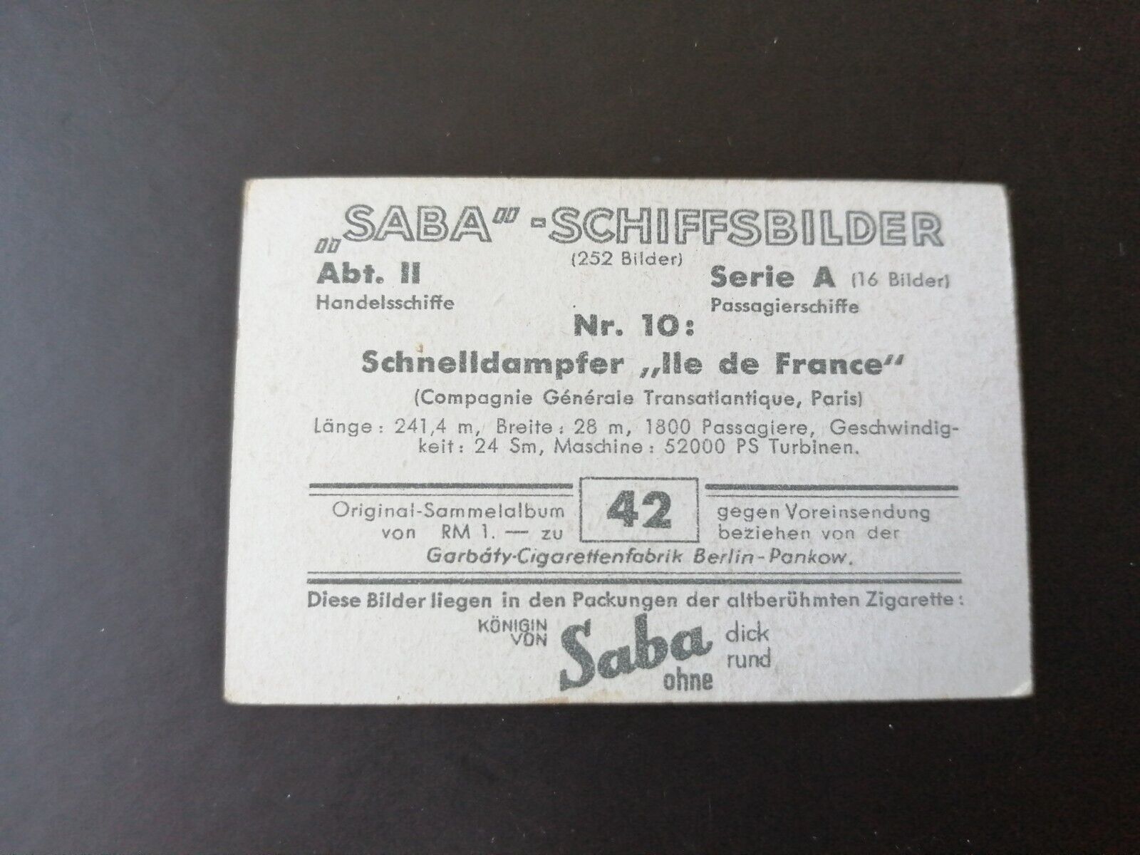 German SABA tobacco ship trading card 1931-33No 42"Ile de France" France