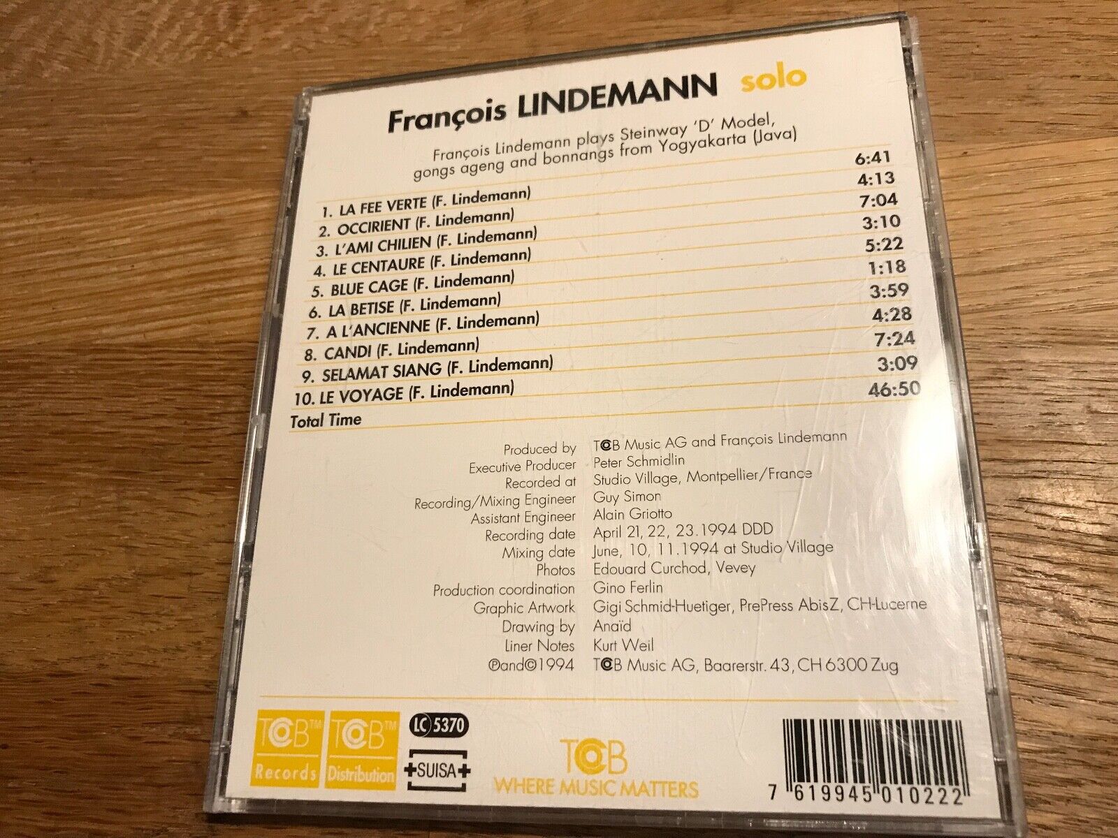 FRANCOIS LINDEMANN "SOLO" 1994 CD 10 TRACKS TCB RECORDS SWITZERLAND RARE OOP SEE