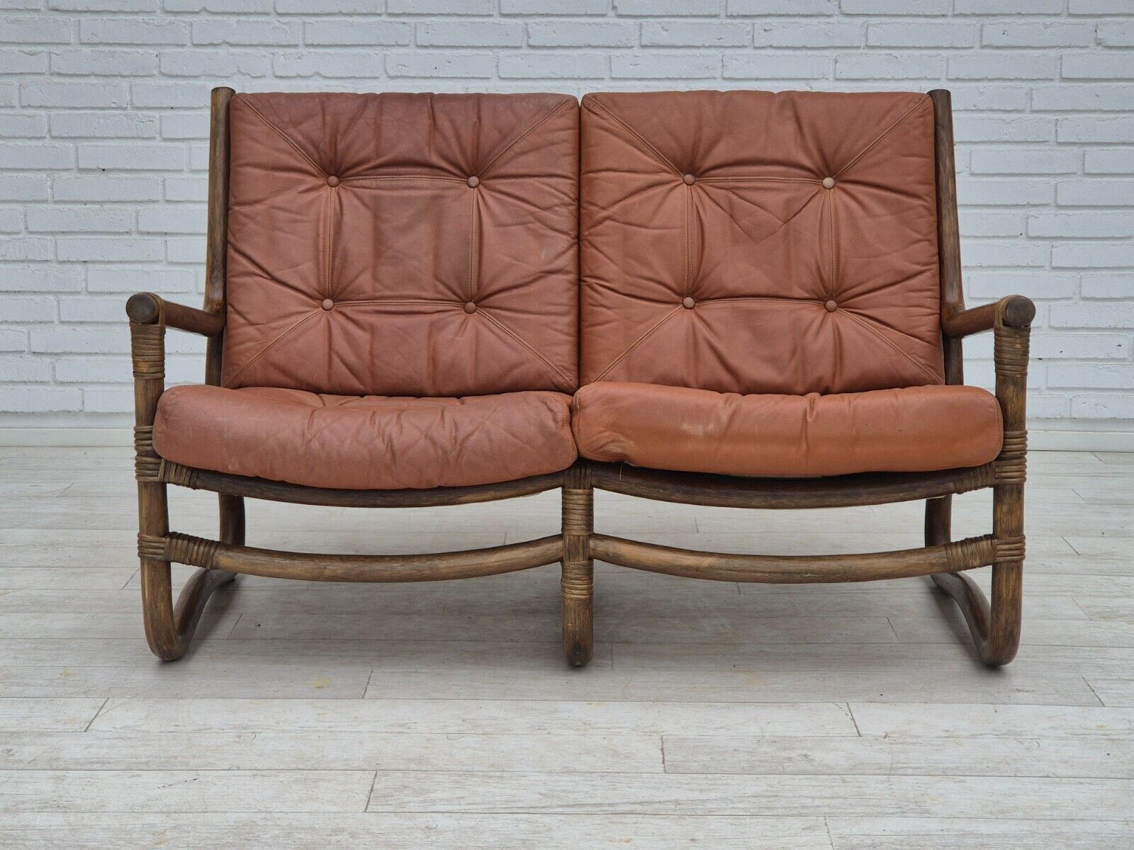 1970s, Scandinavian 2 seater sofa, original very good condition, bamboo, leather