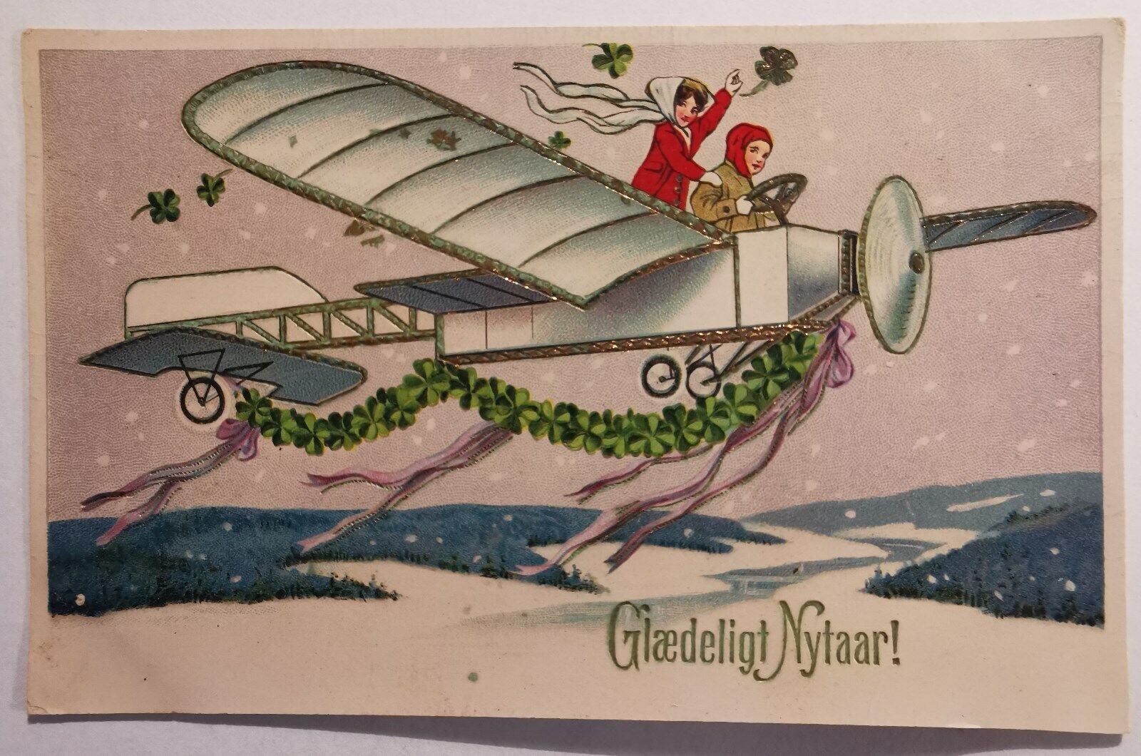 Vintage postcard: Wishing HAPPY NEW YEAR in old areo plane c 1910  pok1158