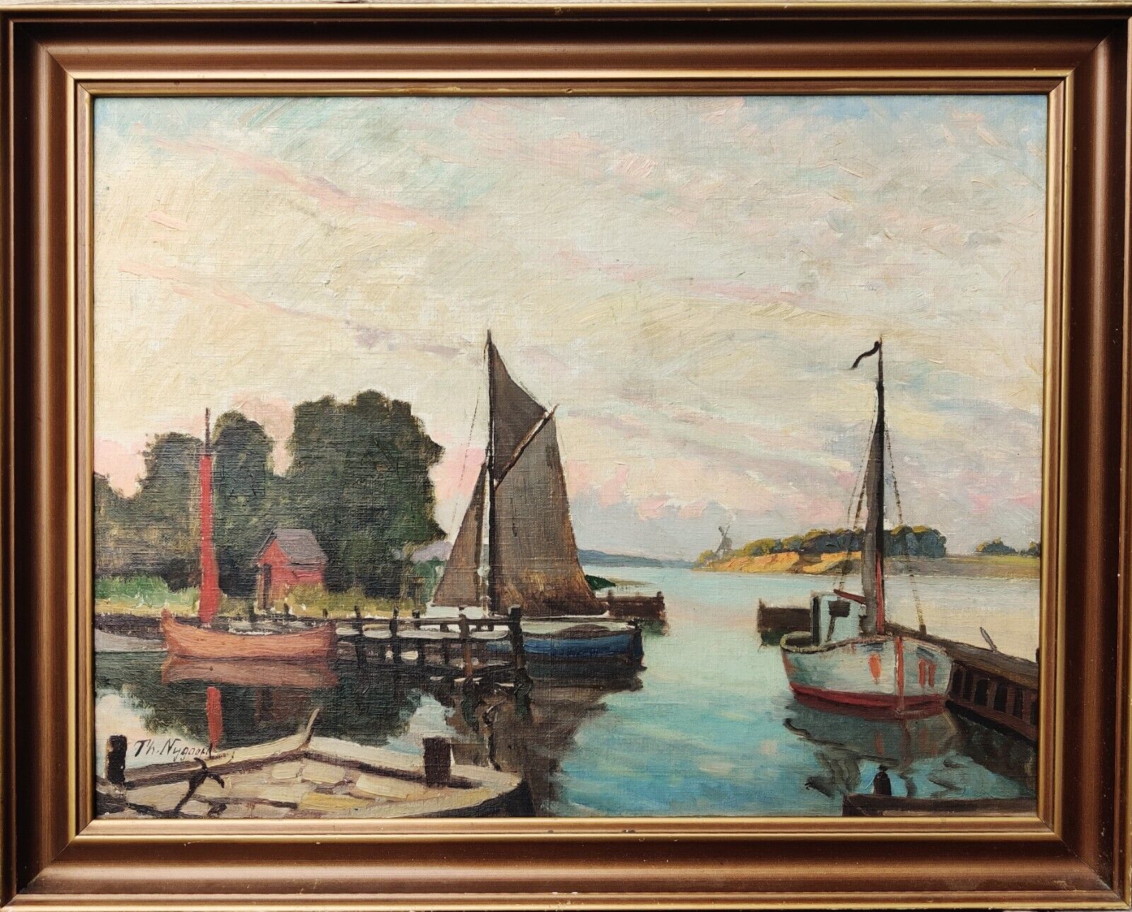 ThNygaard (1891-1963): HARBOR WITH SAILBOATS original oil painting