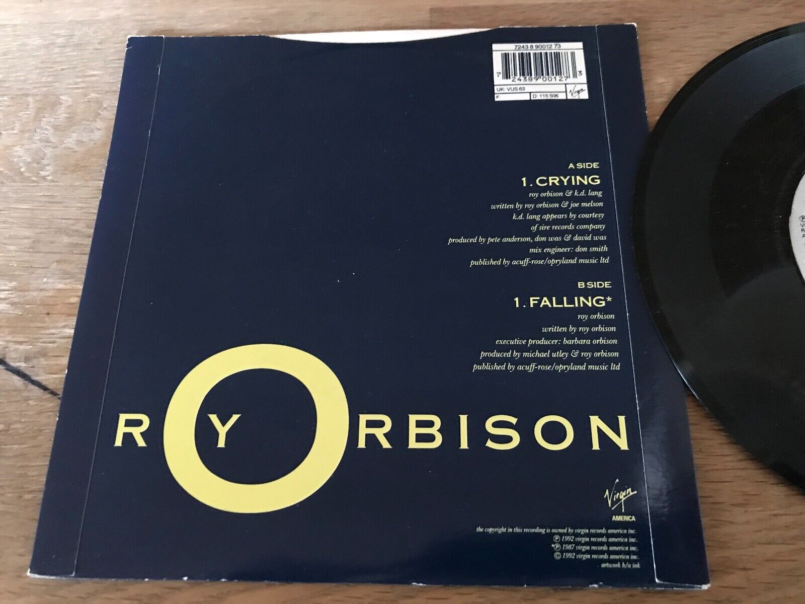 ROY ORBISON  KD LANG "CRYING / FALLING" VIRGIN RECORDS UK 1992 RARE VINYL 7