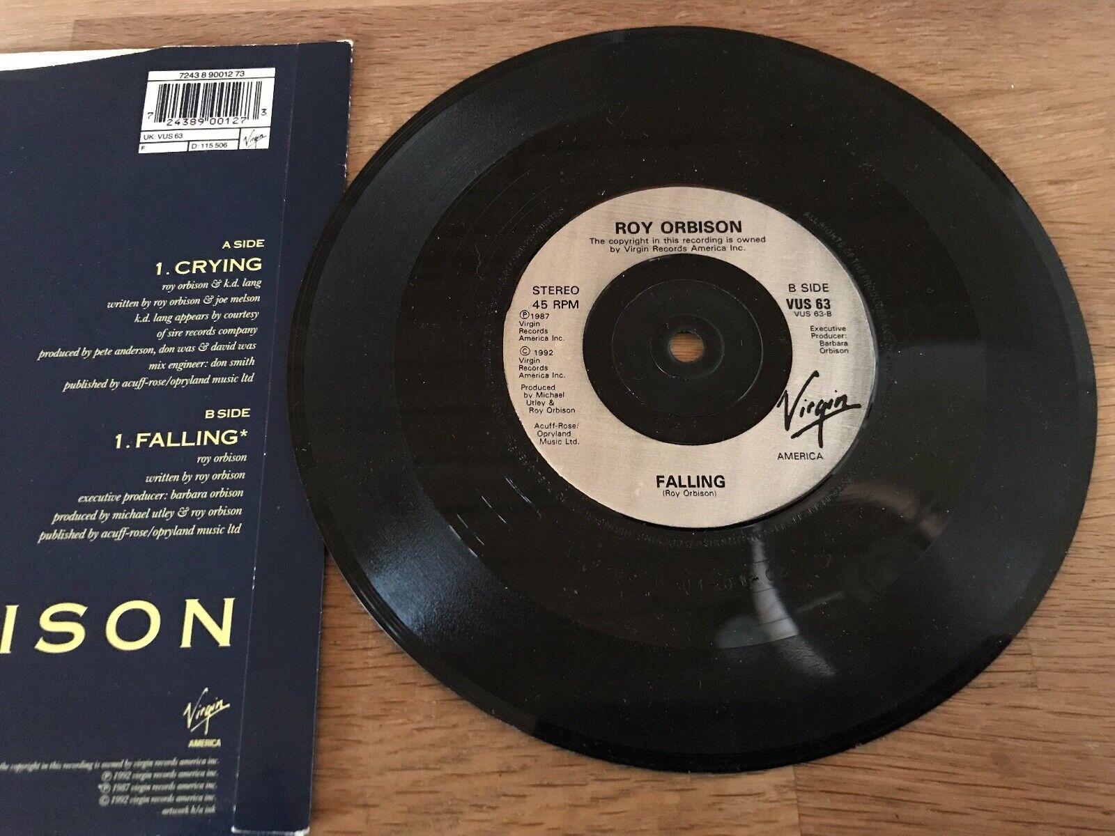 ROY ORBISON  KD LANG "CRYING / FALLING" VIRGIN RECORDS UK 1992 RARE VINYL 7