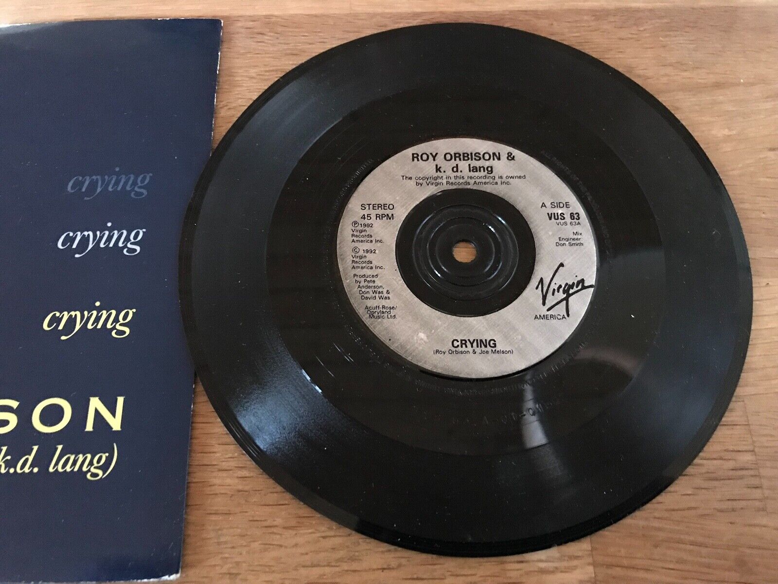 ROY ORBISON  KD LANG "CRYING / FALLING" VIRGIN RECORDS UK 1992 RARE VINYL 7