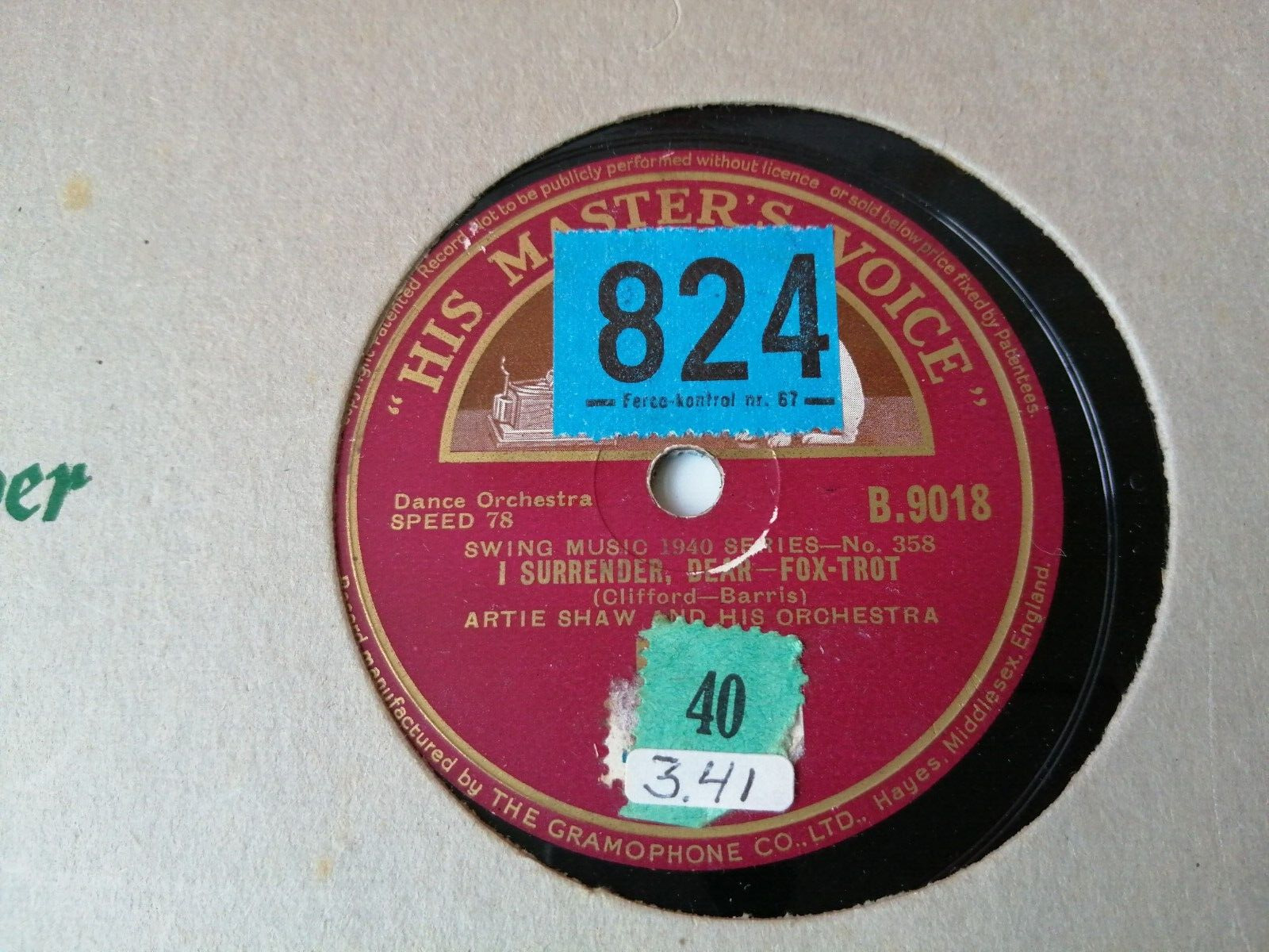 78 RPM  shellacARTIE SHAW I SurrenderDear/LadyBe Good HMV B9018