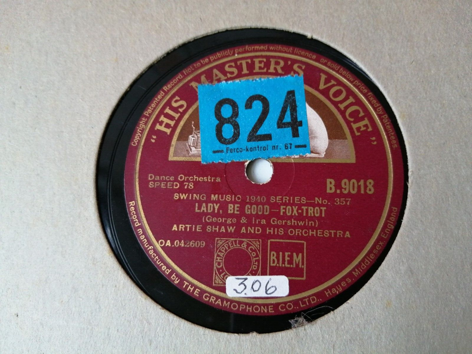 78 RPM  shellacARTIE SHAW I SurrenderDear/LadyBe Good HMV B9018