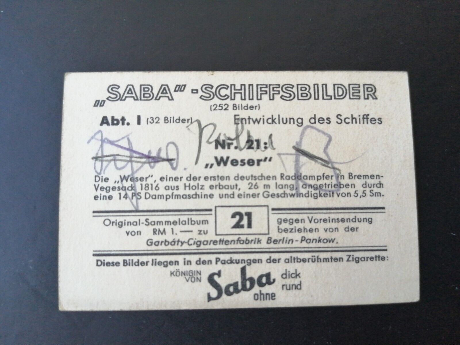 German SABA tobacco ship trading card 1931-33No 21 " Weser" Germany