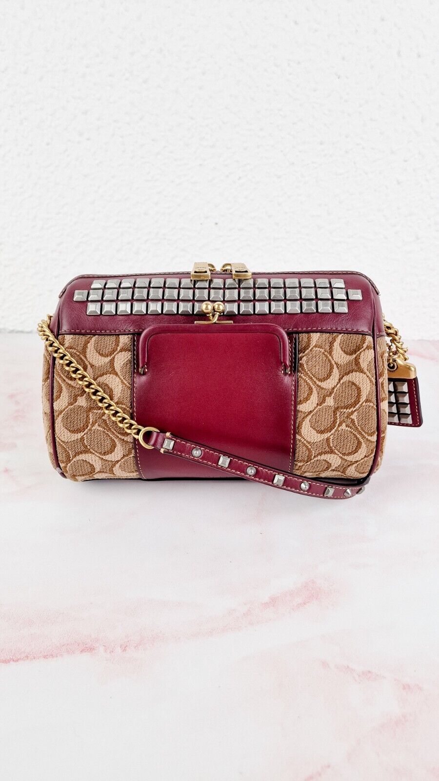 Coach Joni Crossbody Signature Jacquard Burgundy Leather Pyramid Rivets 48205