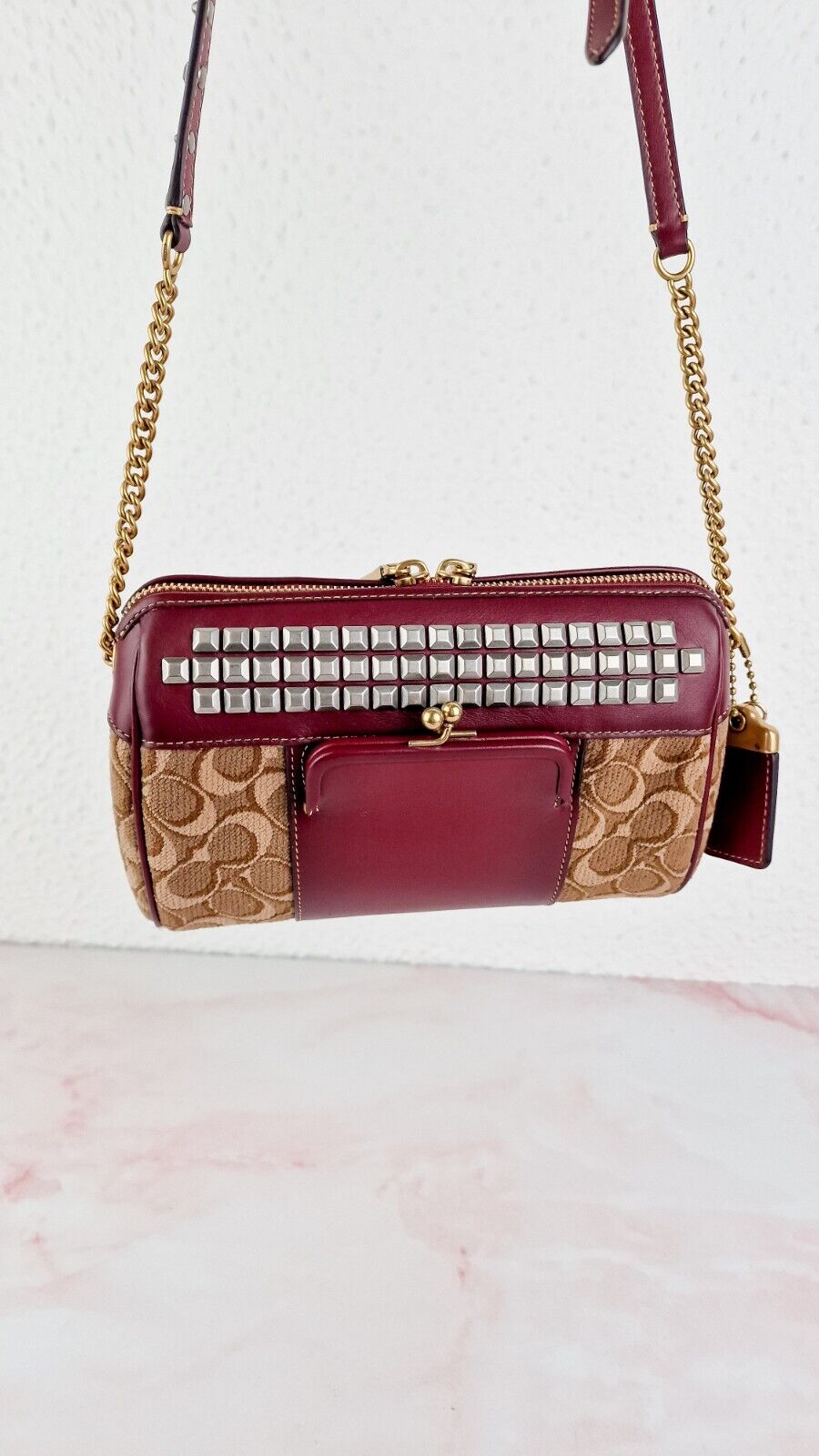 Coach Joni Crossbody Signature Jacquard Burgundy Leather Pyramid Rivets 48205