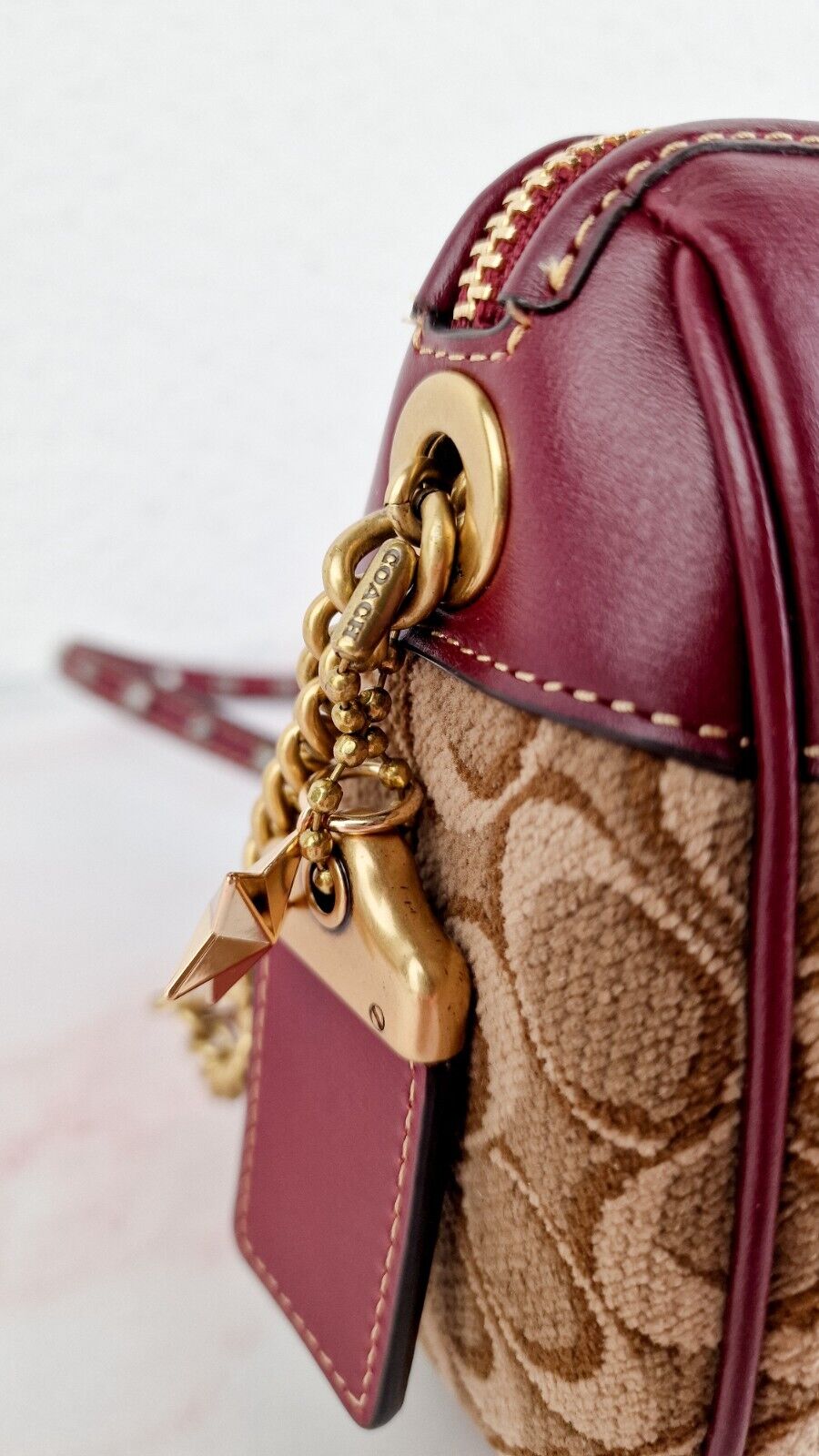 Coach Joni Crossbody Signature Jacquard Burgundy Leather Pyramid Rivets 48205