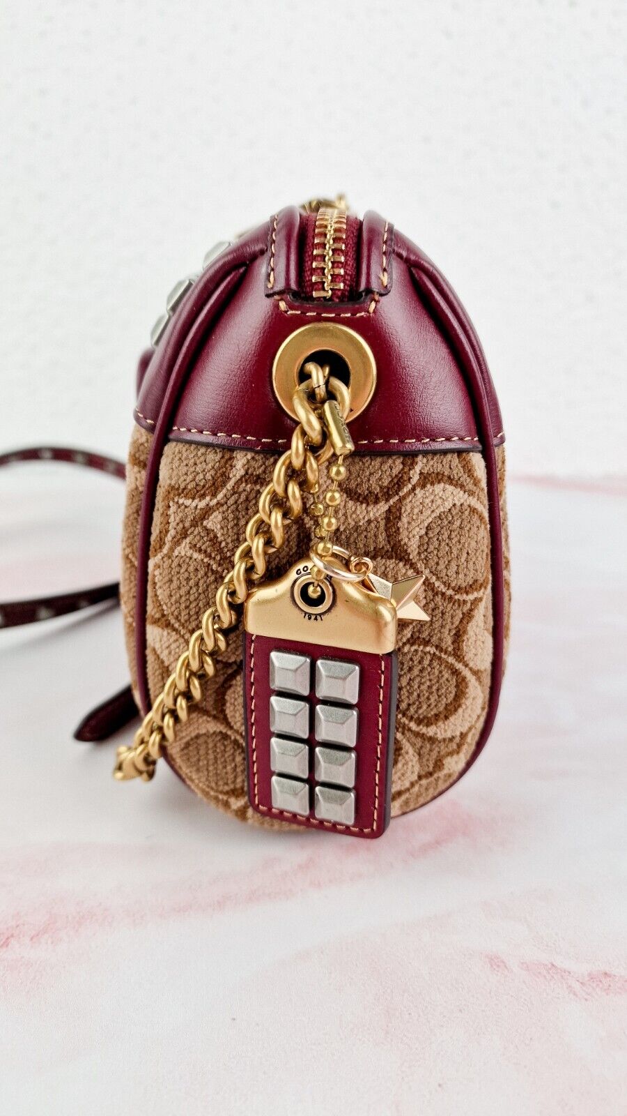 Coach Joni Crossbody Signature Jacquard Burgundy Leather Pyramid Rivets 48205