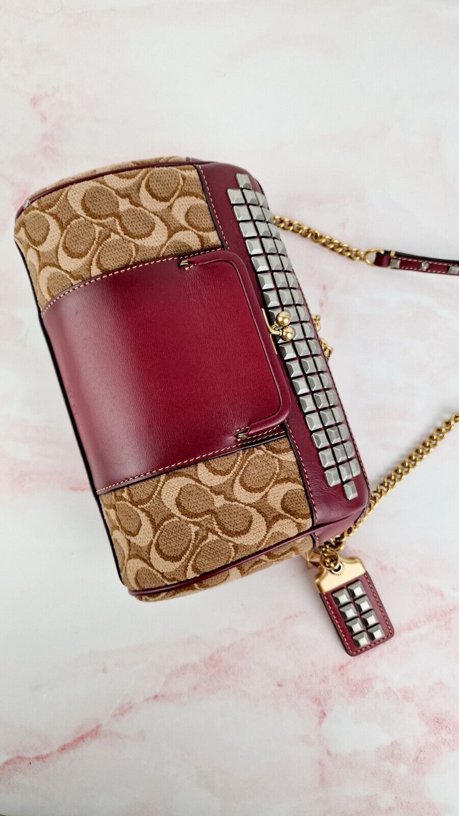 Coach Joni Crossbody Signature Jacquard Burgundy Leather Pyramid Rivets 48205