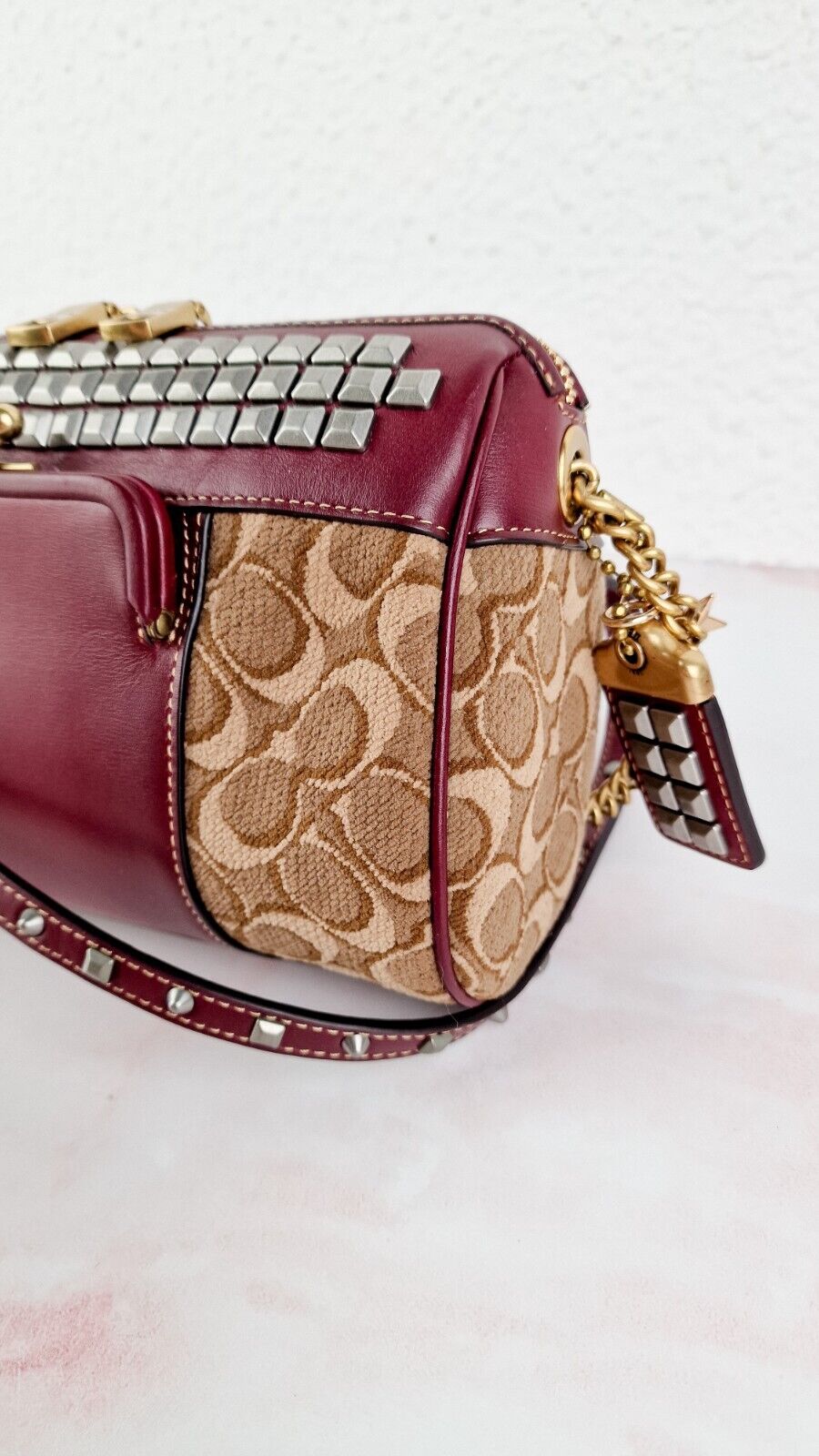 Coach Joni Crossbody Signature Jacquard Burgundy Leather Pyramid Rivets 48205