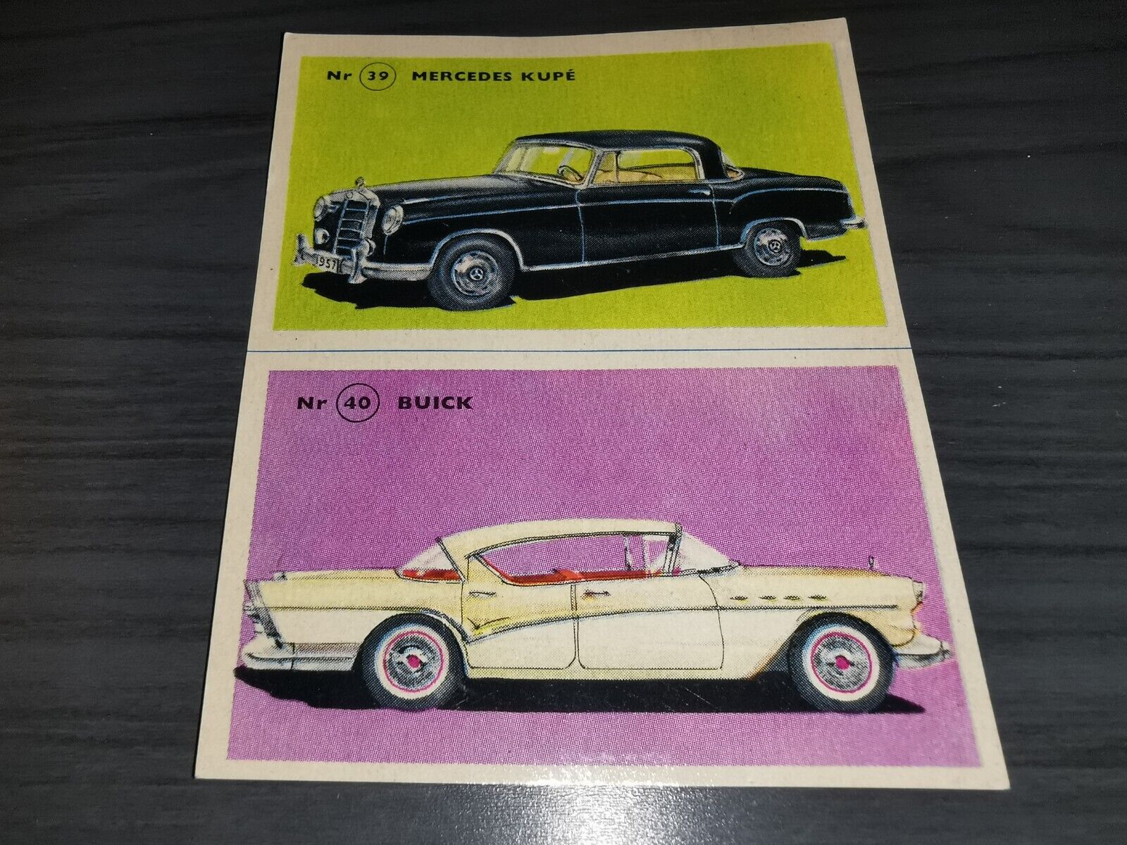 Mercedes kupé - Buick Car card hjemmets samleserie 1957 UNCUT SHEET #39 #40