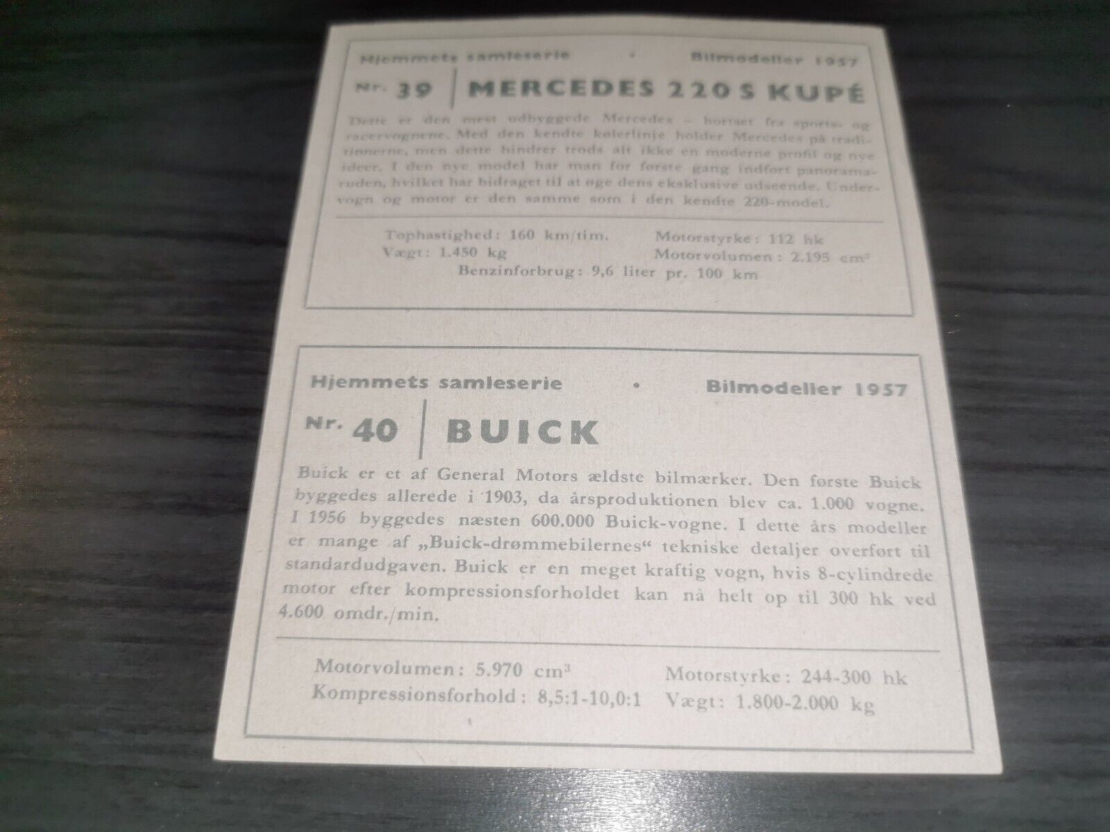 Mercedes kupé - Buick Car card hjemmets samleserie 1957 UNCUT SHEET #39 #40