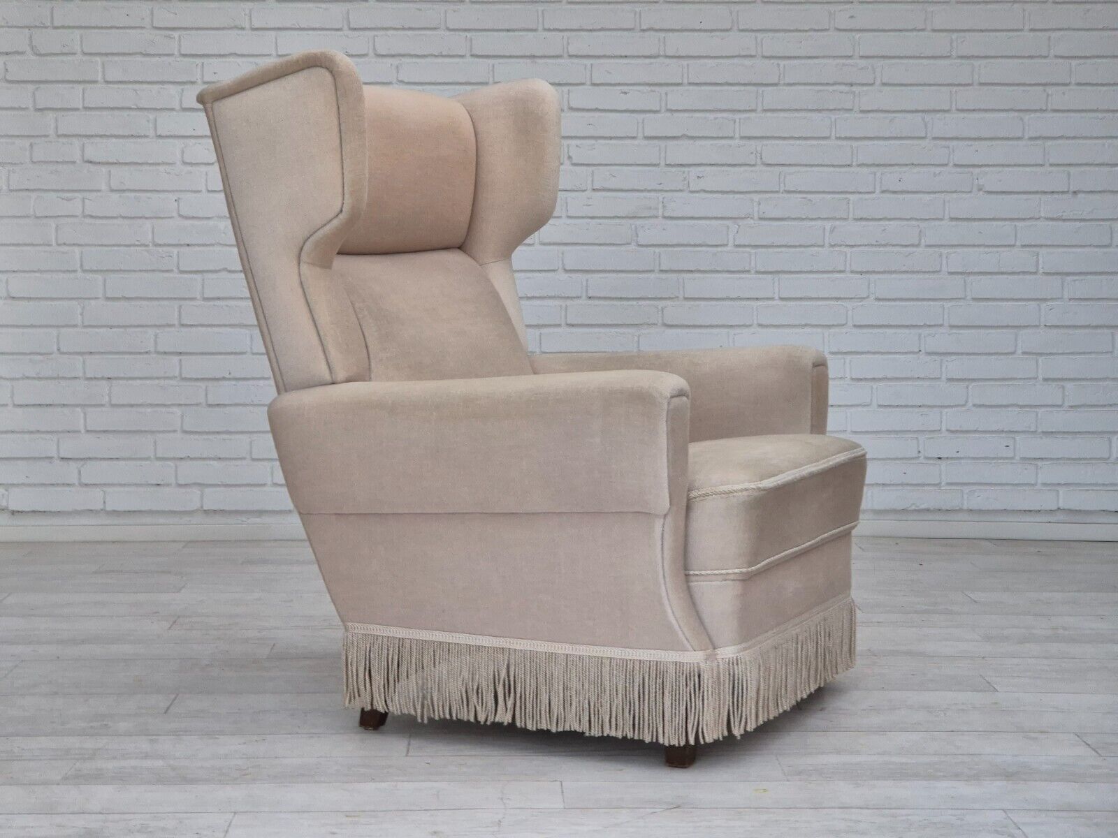 1970s, Danish wingback armchair, original condition, furniture velour, ash wood.