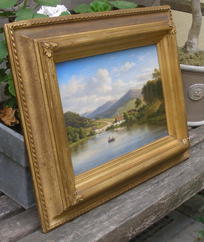 Professor Kiaerskou (1805) Swiss landscape with couple in a boat Dated 1881