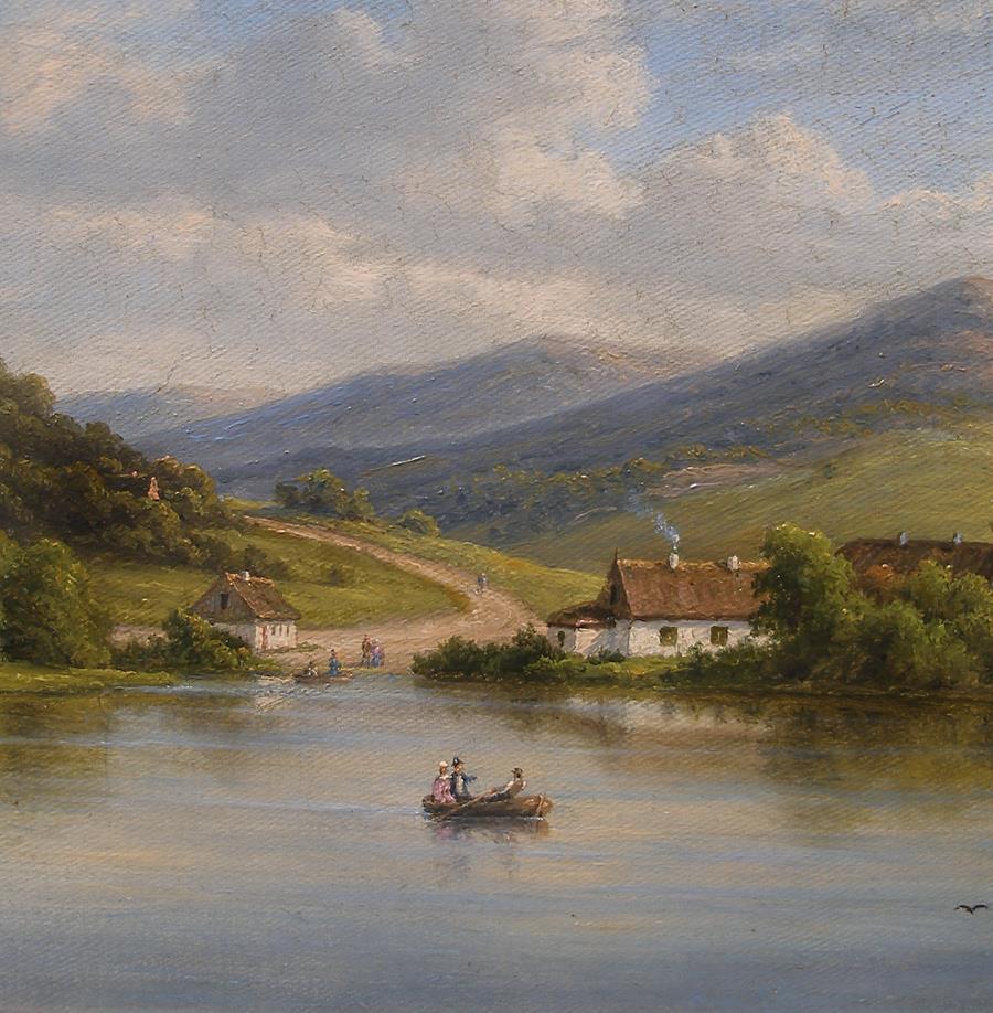 Professor Kiaerskou (1805) Swiss landscape with couple in a boat Dated 1881