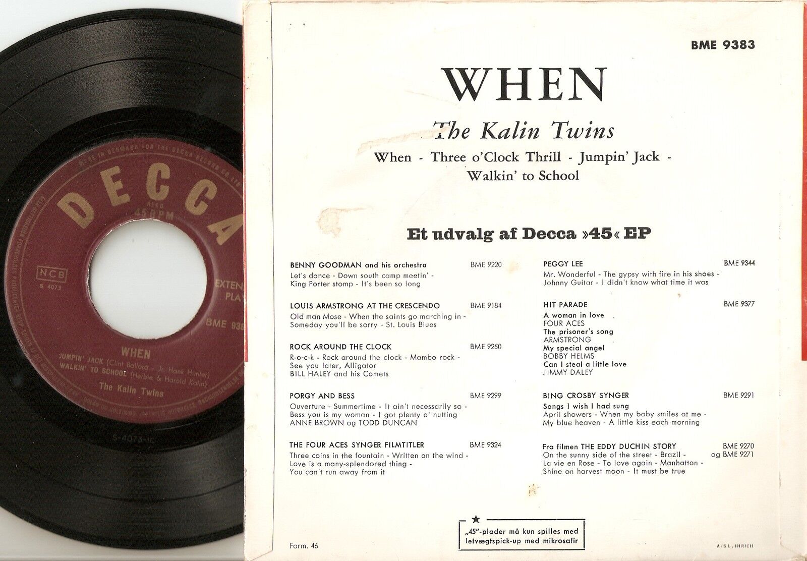 THE KALIN TWINS WHEN  THREE O`CLOCK THRILL EP DANISH 45+PS `58 ROCKABILLY ELVIS