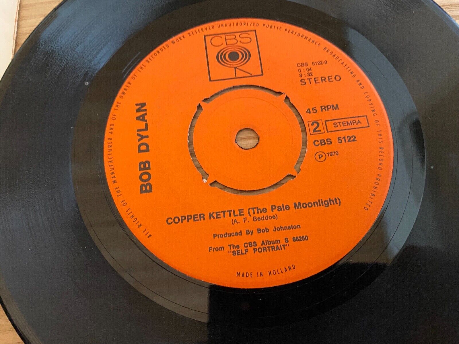 BOB DYLAN "WIGWAM / COPPER KETTLE 1970 CBS RECORDS DUTCH 1 PRESSING 7 INCH RARE