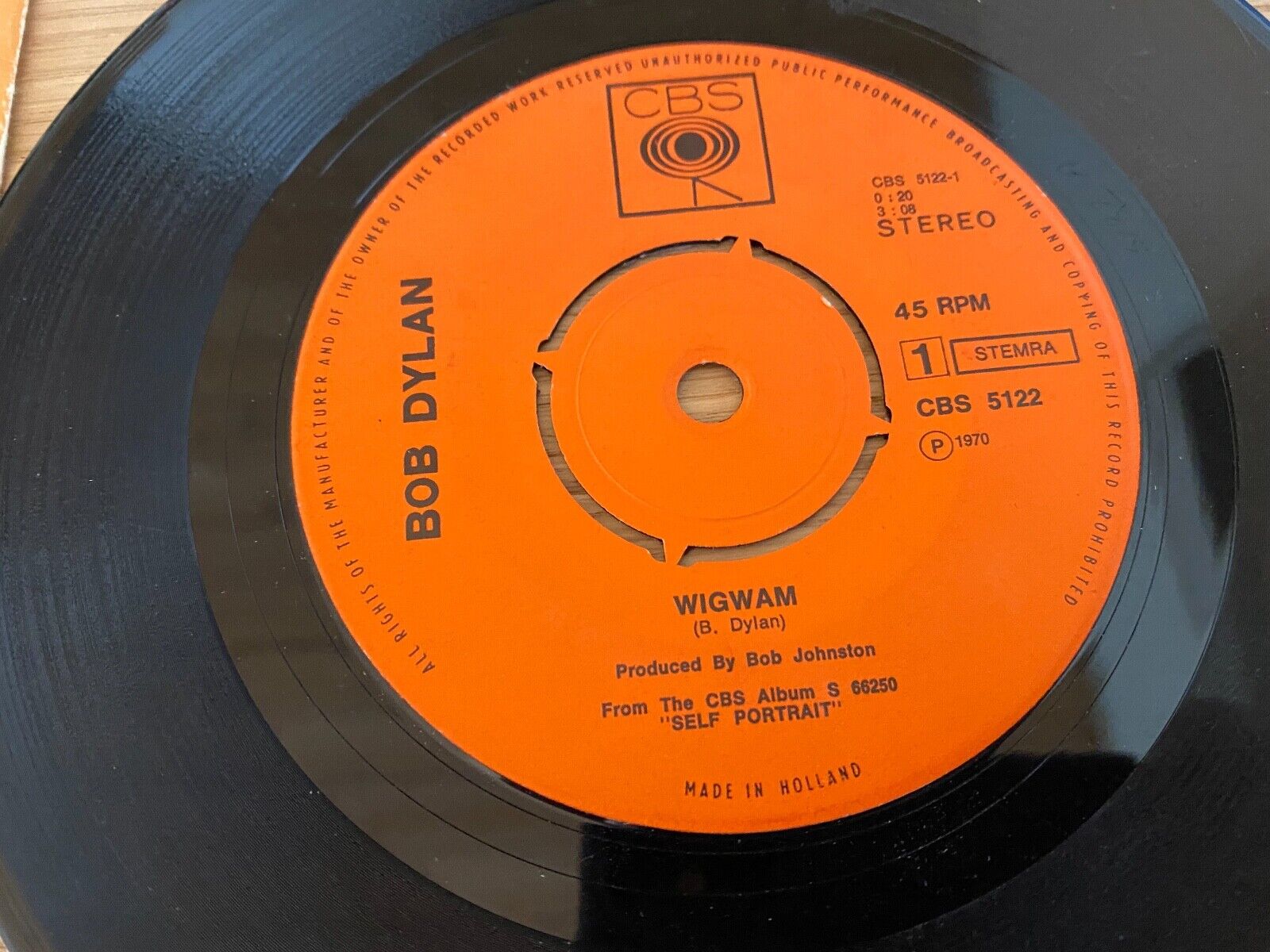 BOB DYLAN "WIGWAM / COPPER KETTLE 1970 CBS RECORDS DUTCH 1 PRESSING 7 INCH RARE