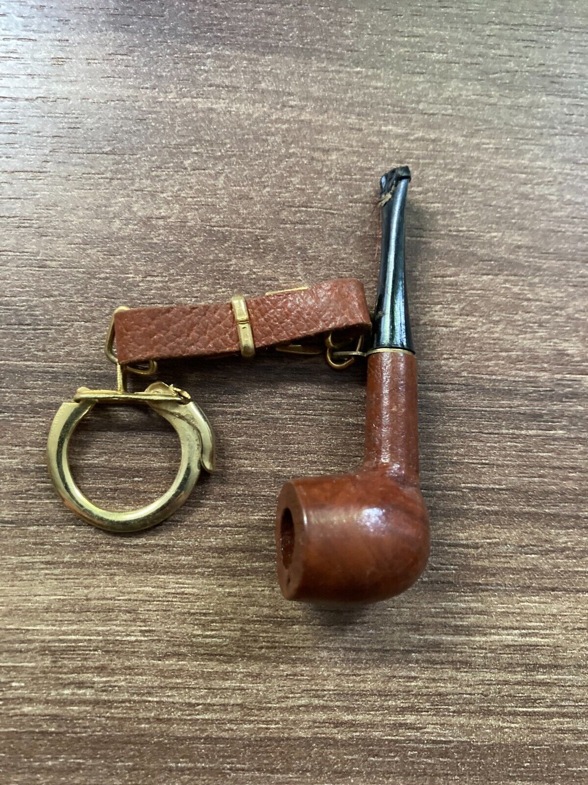 Vintage Wooden Pipe Keychain with Leather Strap and Brass Ring