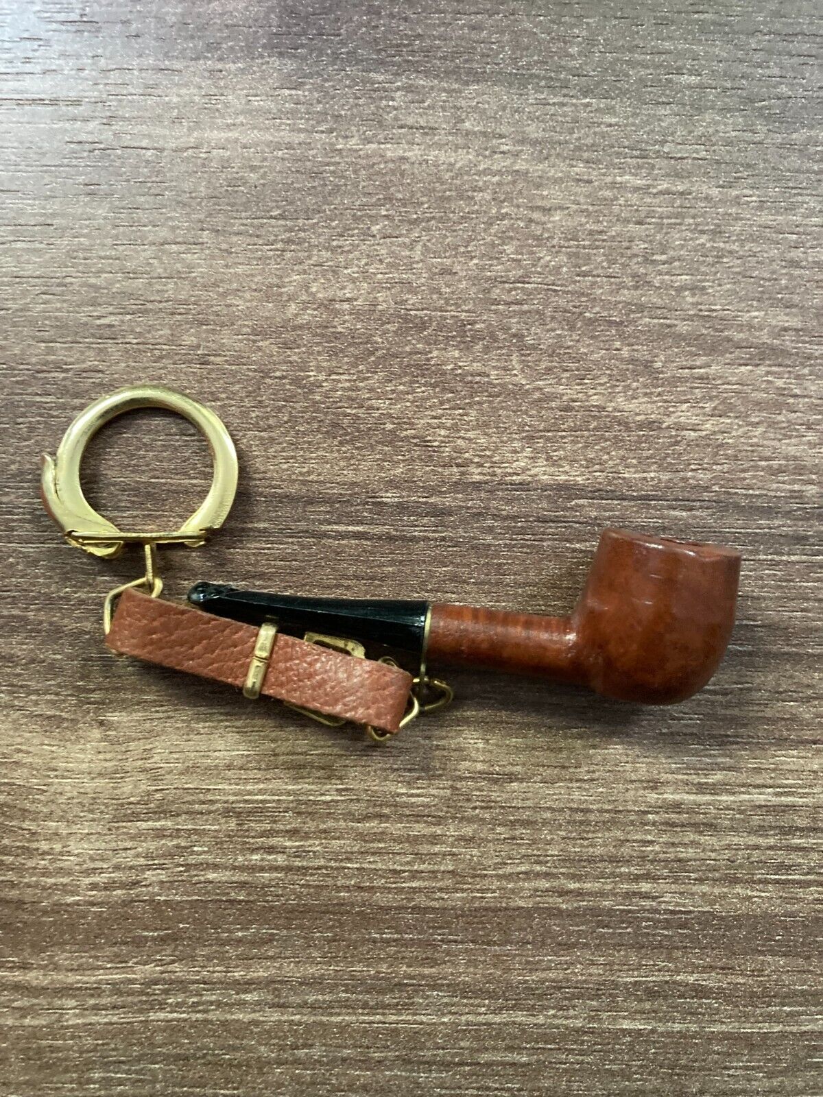 Vintage Wooden Pipe Keychain with Leather Strap and Brass Ring