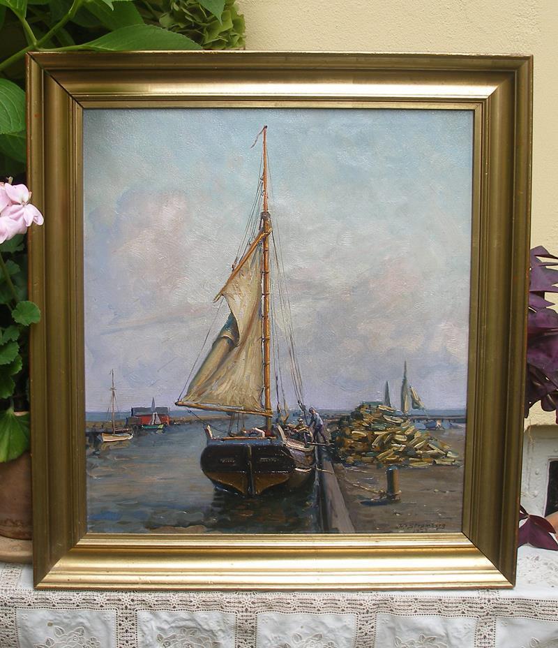 Henrik Stromberg (1880) Men loading logs into a ship Dragor Harbor Dated 1923