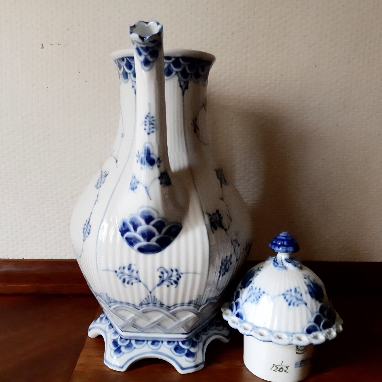 Large Hexagonal Coffee Pot BLUE FLUTED FULL LACE # 1-1202 Royal Copenhagen 1964