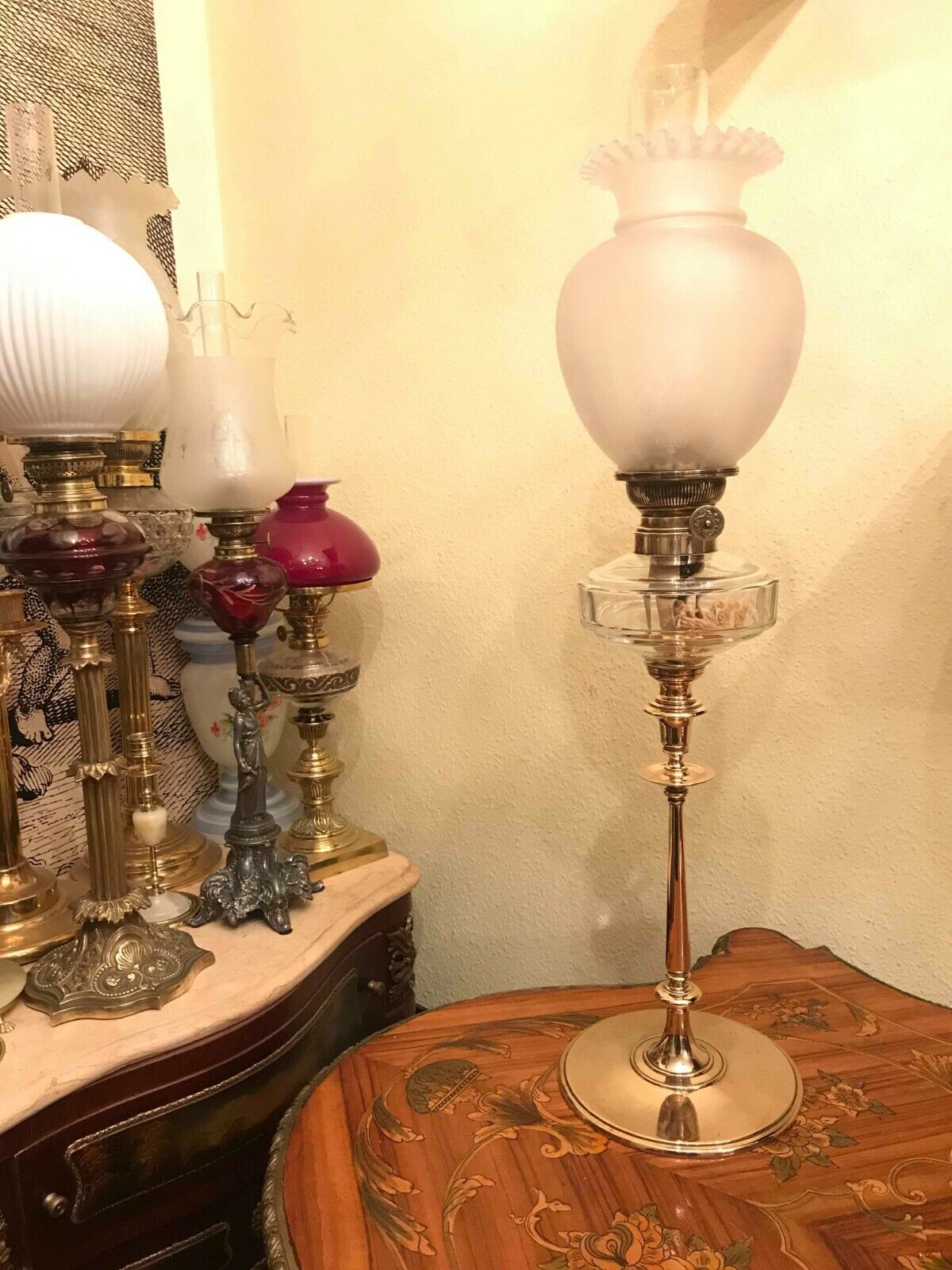 Antique Brass Kerosene Lamp 75 cm Height AMAZING Glass Shade