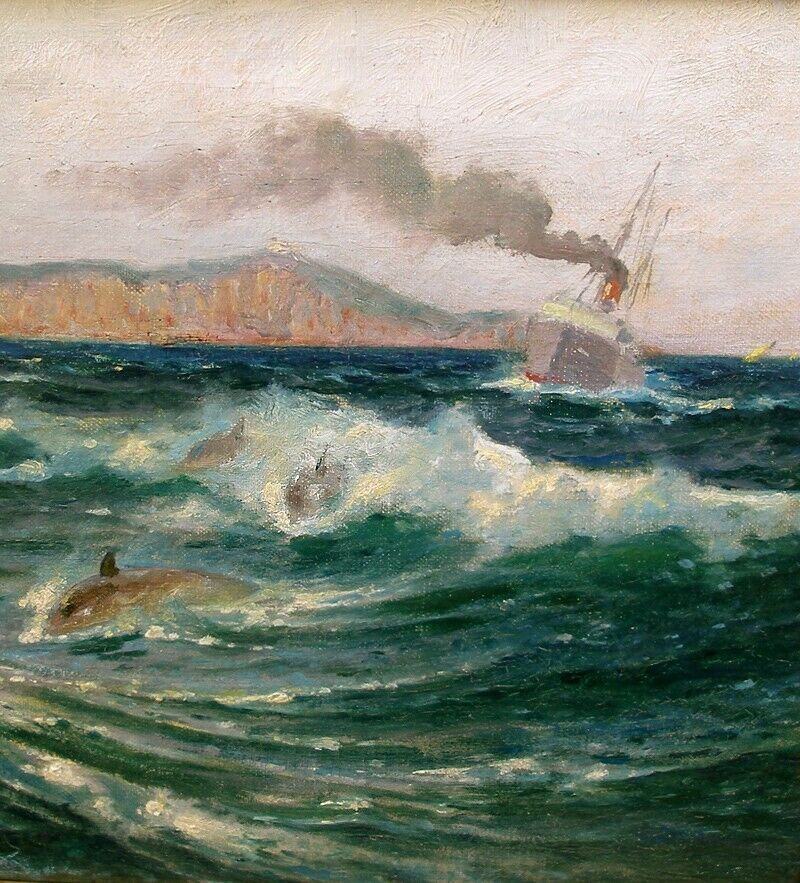 Carl Barth ( Norwegian 1847) Dolphins riding the bow wave of a ship Italy 1902