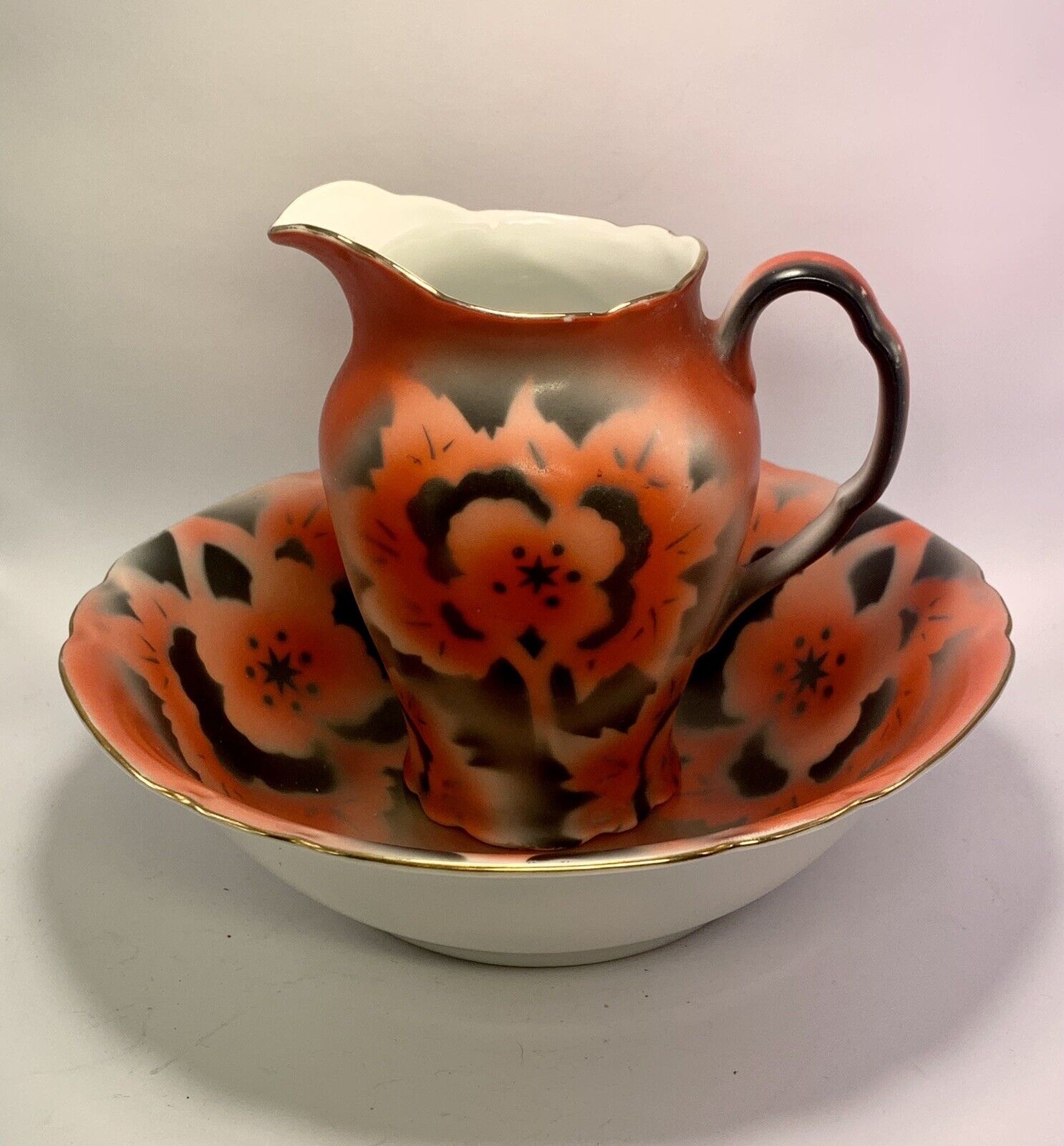 Vtg Victoria China porcelain bowl and cream pitcher orange black Czechoslovakia