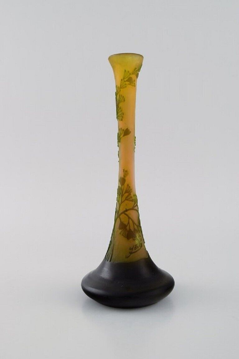 Antique Emile Gallé vase in yellow frosted and green art glass