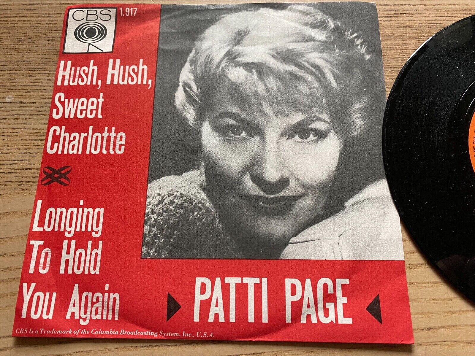 PATTI PAGE "HUST HUSH SWEET CHARLOTTE/LONGING TO HOLD YOU AGAIN" CBS RECORDS 7