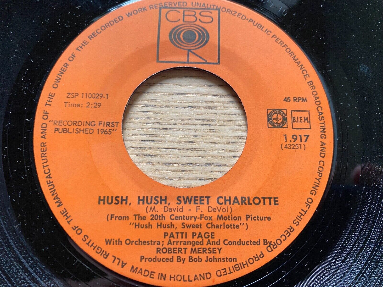 PATTI PAGE "HUST HUSH SWEET CHARLOTTE/LONGING TO HOLD YOU AGAIN" CBS RECORDS 7